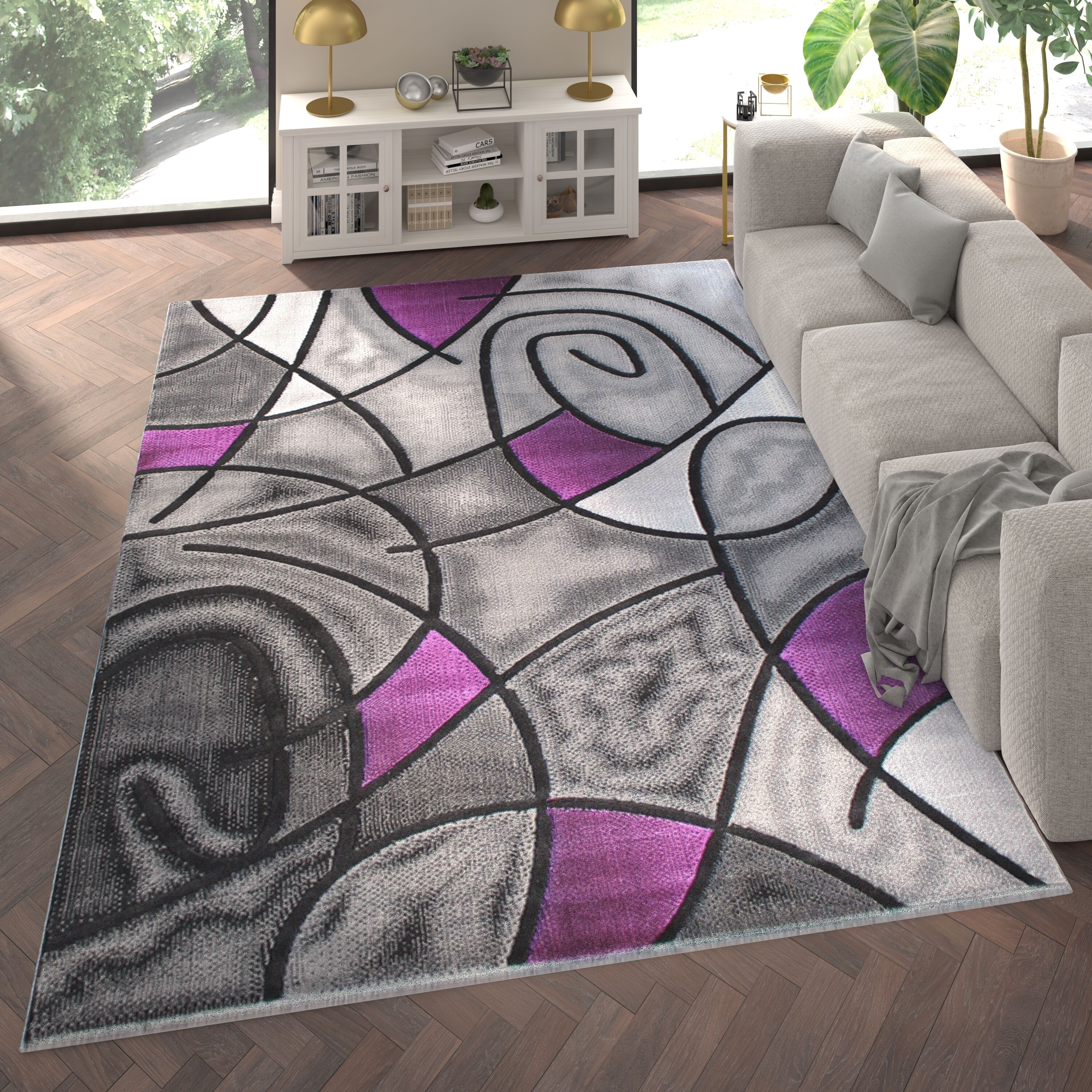 Emma + Oliver 840196367897 Urbane 8x10 Contemporary Abstract Geometric Olefin Accent Rug in Gradient Shades of Gray and Purple with Natural Jute Backing
