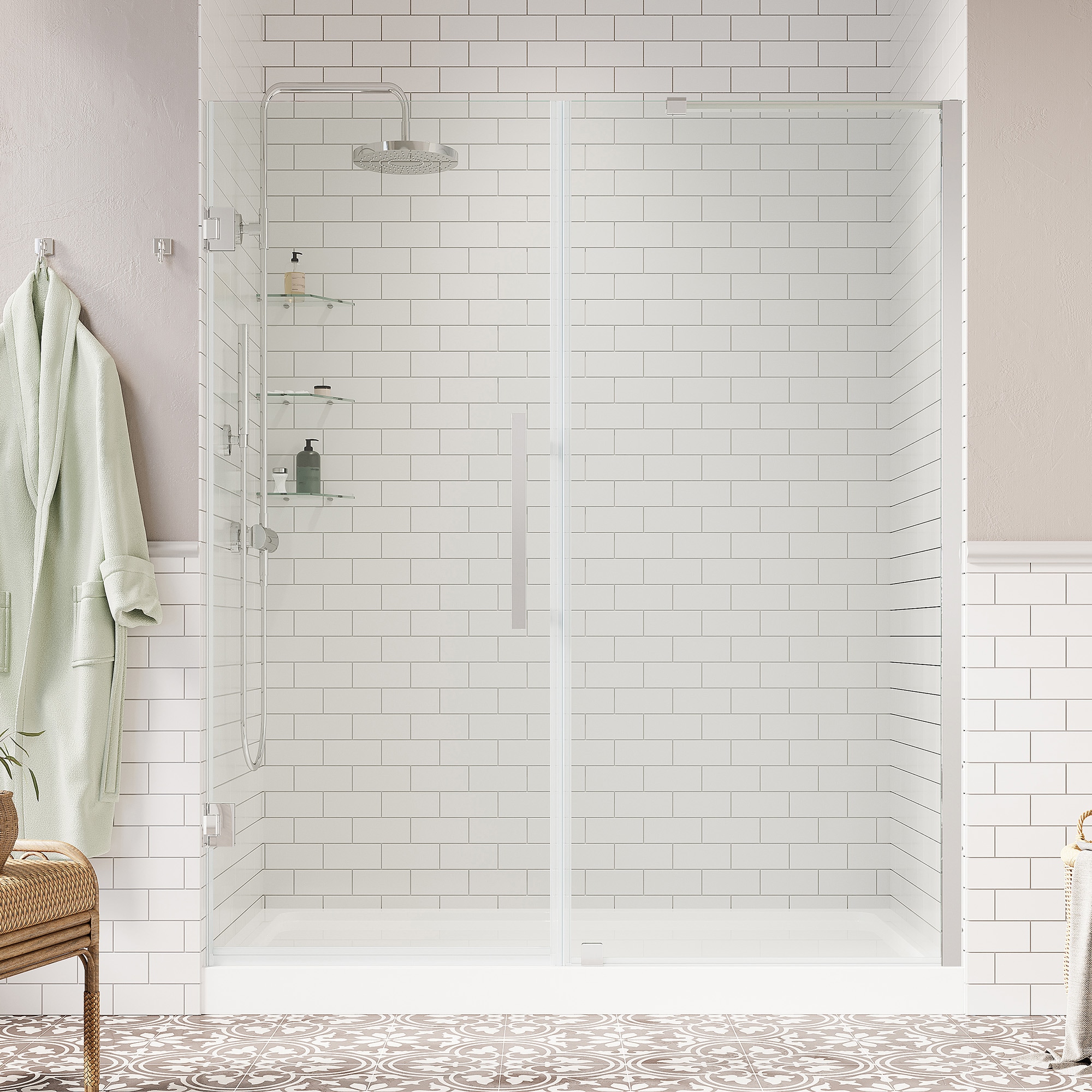 OVE Decors 828796066235 Tampa-Pro 60-in W x 34-in L x 75-in H Rectangular Alcove shower kit ( Reversible Drain) Base and Door Chrome Hardware Included