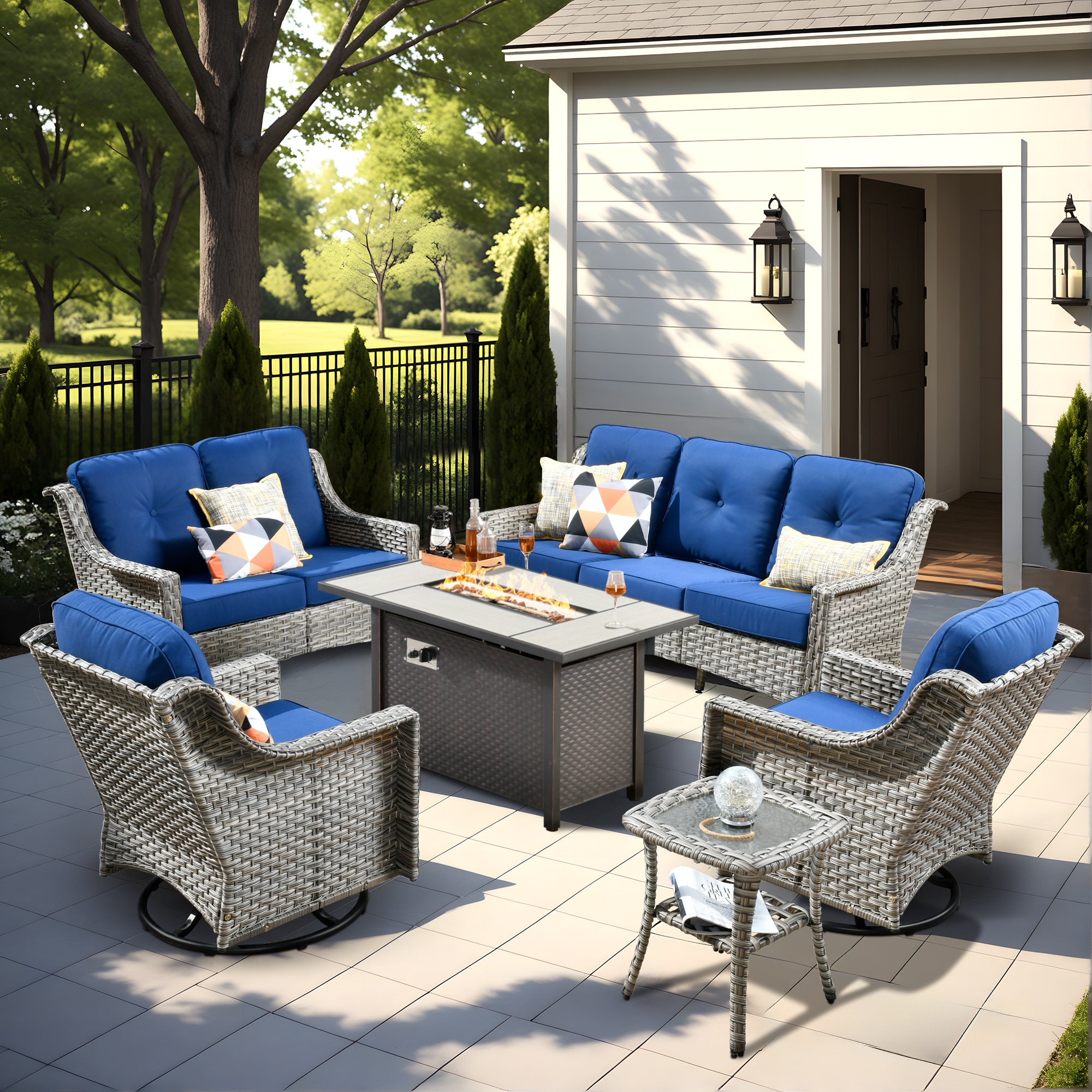 Pouuin SCFPAD706 6 -Piece Wicker Patio Sofa Conversation Set with Navy Cushions