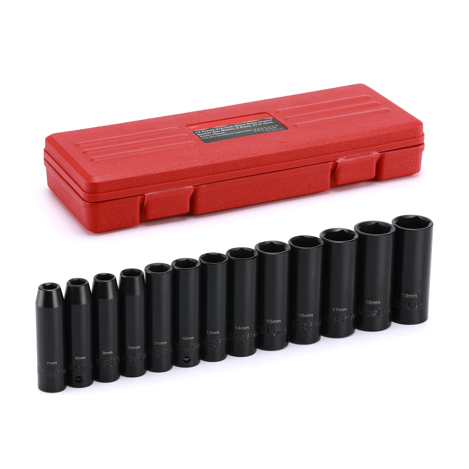 DYRCJ  13 Piece 38 Inch Drive Impact Socket Set Metric Deep 6 Point CRV Steel 7mm to 19mm High Visibility Size Marking Heavy Duty Storage Case