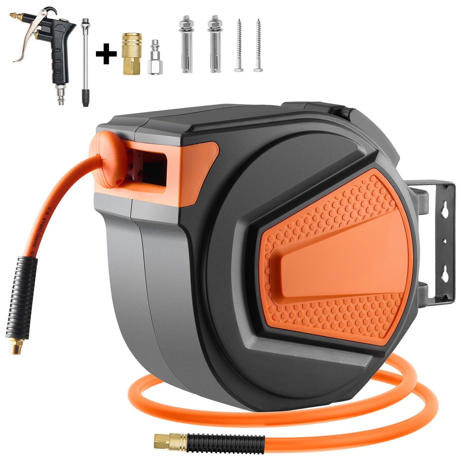 VEVOR SCFBSKQRGJP605833V0 Retractable Air Hose Reel  3/8IN x 65FT Hybrid Air Hose Max 300PSI  Air Compressor Hose Reel Auto-Rewind with 6.6 FT Lead in  Ceiling/Wall Mount Enclosed PP Reel and Built-in 180° Swivel Bracket