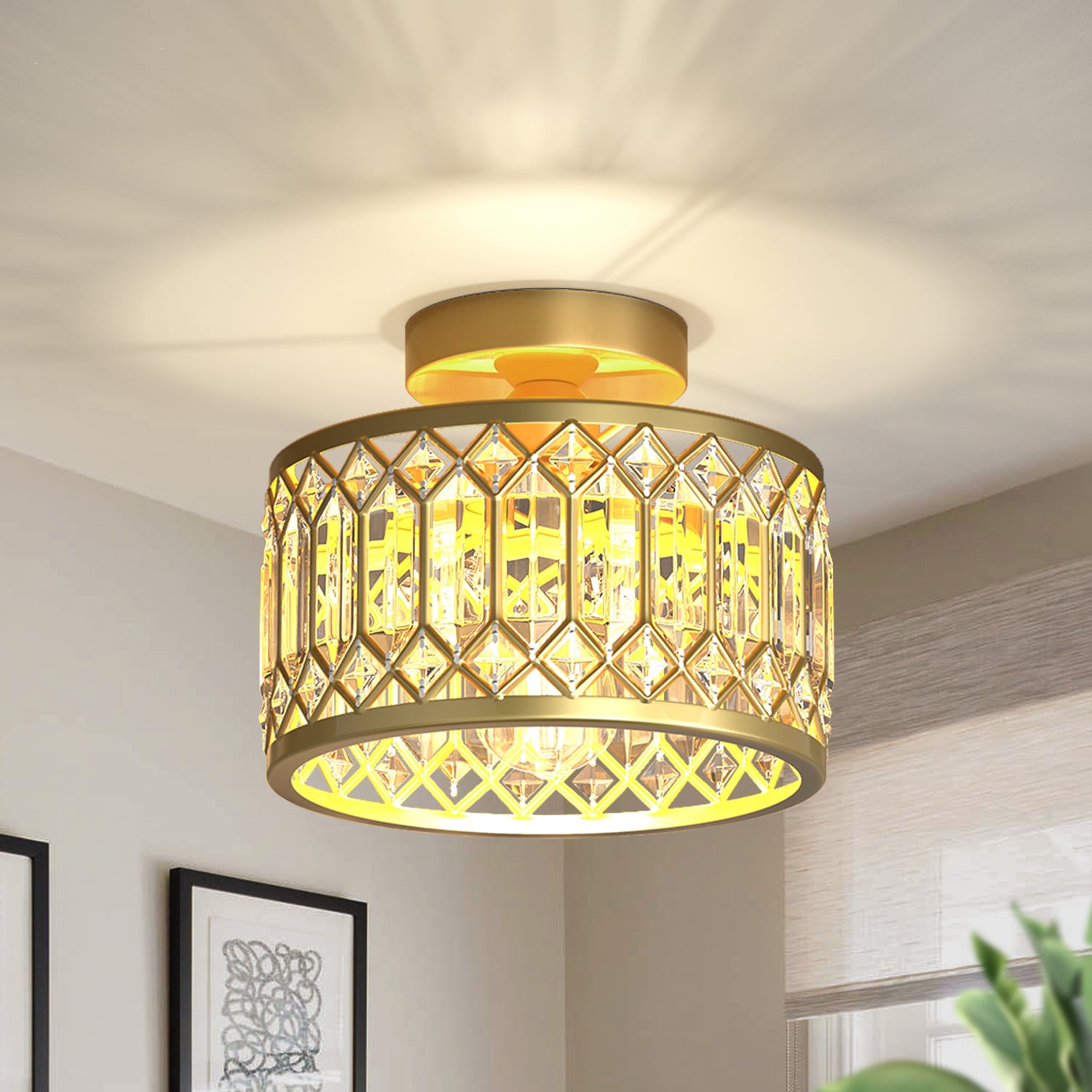 YANSUN 1-Light Polished Brass Semi Flush Mount Ceiling Light with Crystal Drum Shade