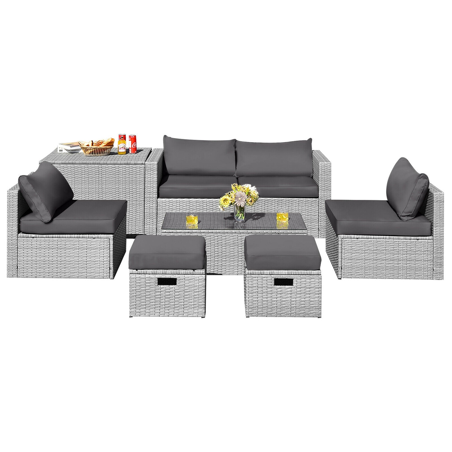 Forclover HYFC-8604GR 8 -Piece Rattan Patio Conversation Set with Gray Cushions