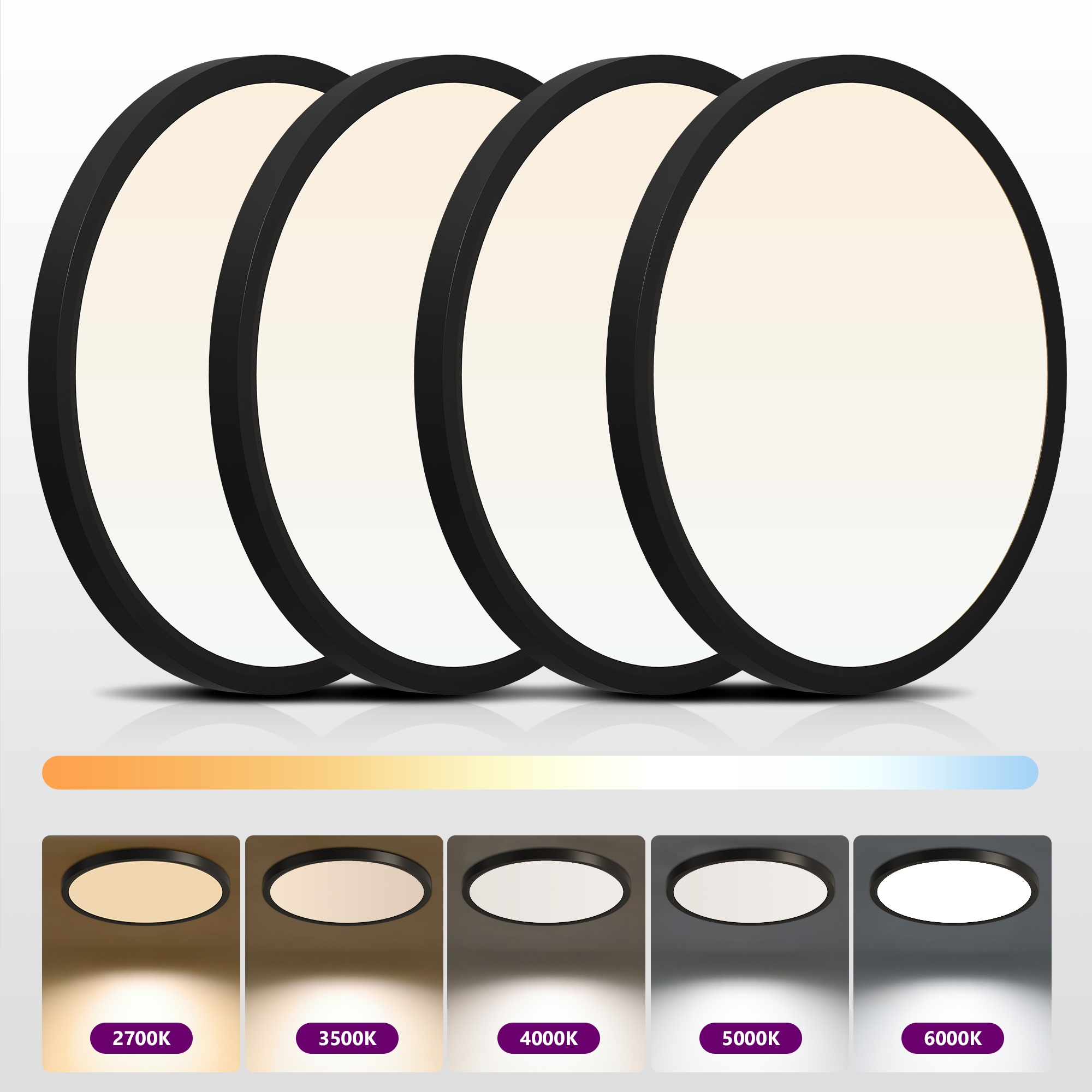 DAKAFUL 4Pack 16 Inch Black LED Flush Mount Ceiling Lights 32W 5CCT Adjustable (2700K-6000K) Round Bright Light Fixture for Bedroom Kitchen Bathroom Hallway