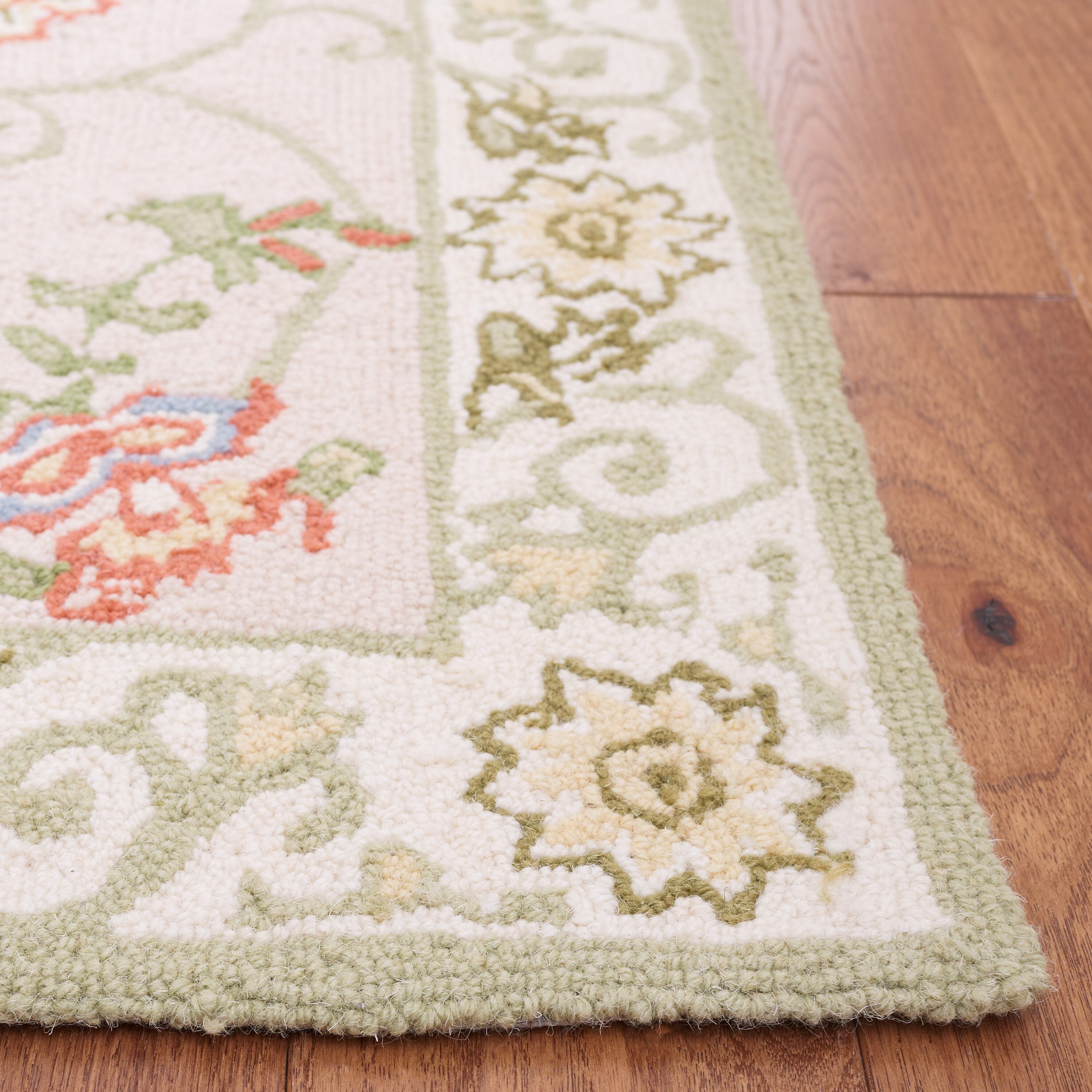 Beige and Green Floral Hand-Knotted Wool Area Rug