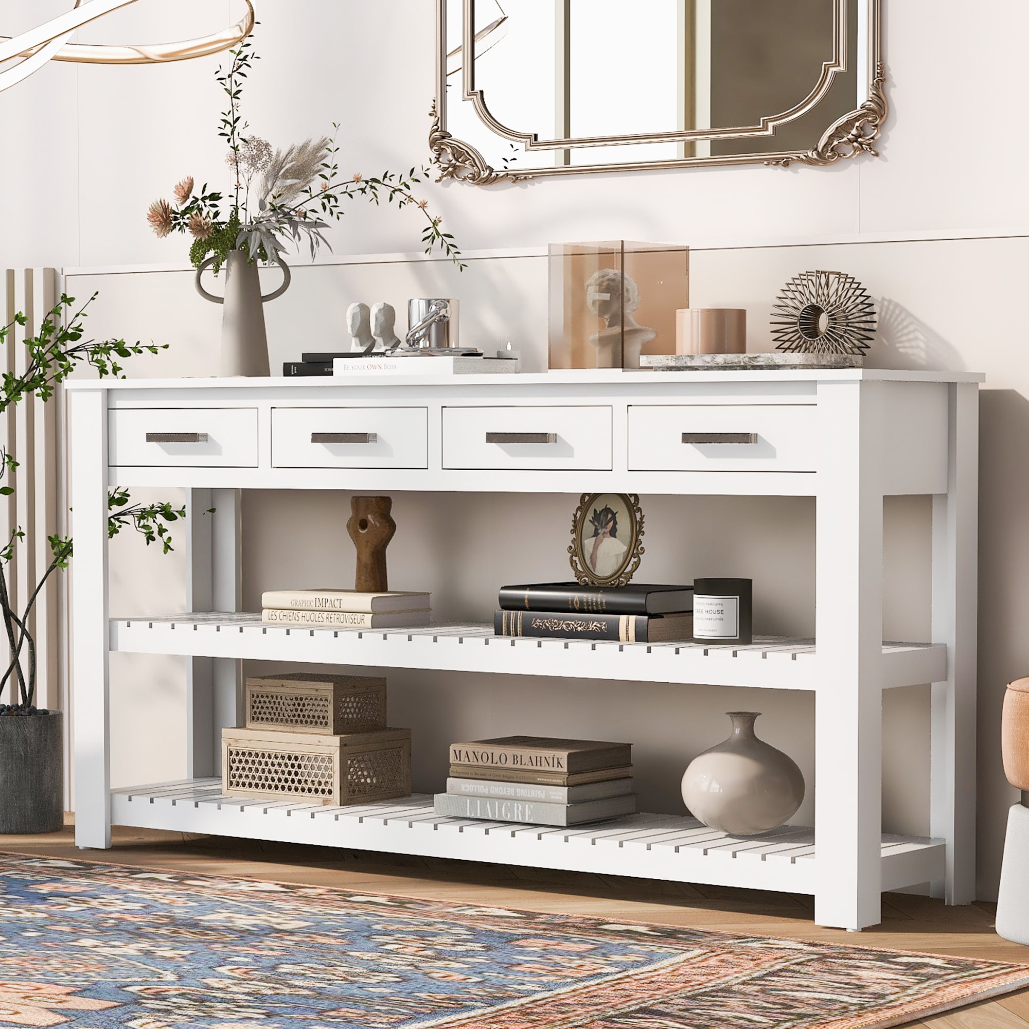 ModernLuxe N711P241286K Stylish Entryway Console Table with 4 Drawers and 2 Shelves Suitable for Entryways Living Rooms