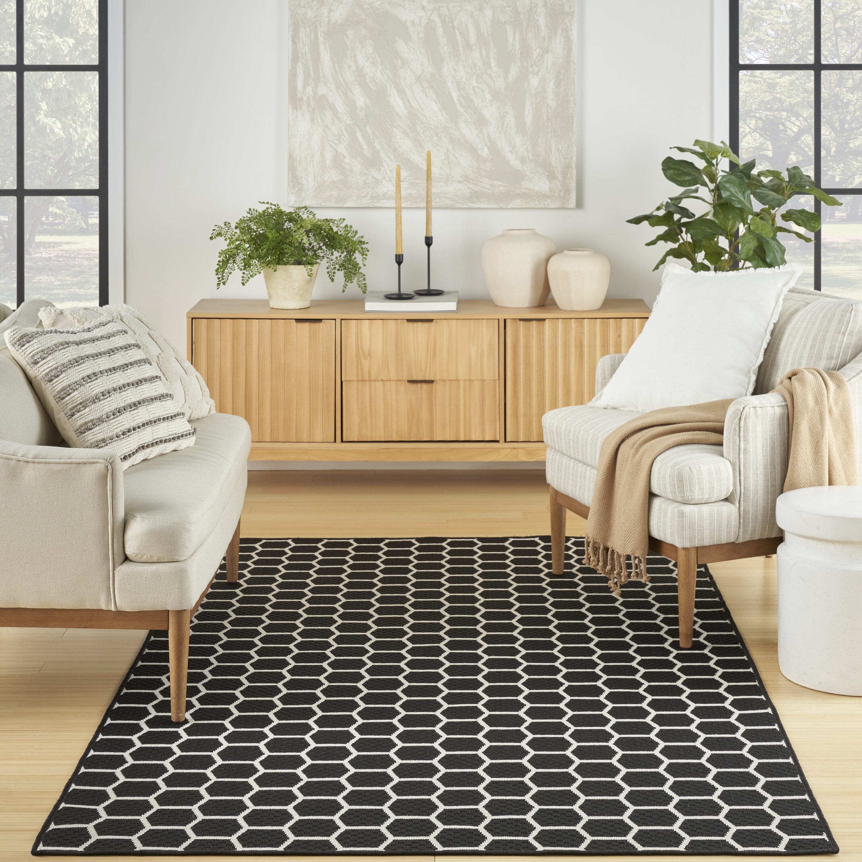 Nourison Home 099446973917 5 x 7 (ft) Polyester/Polypropylene Black Rectangular Indoor/Outdoor Geometric Area rug