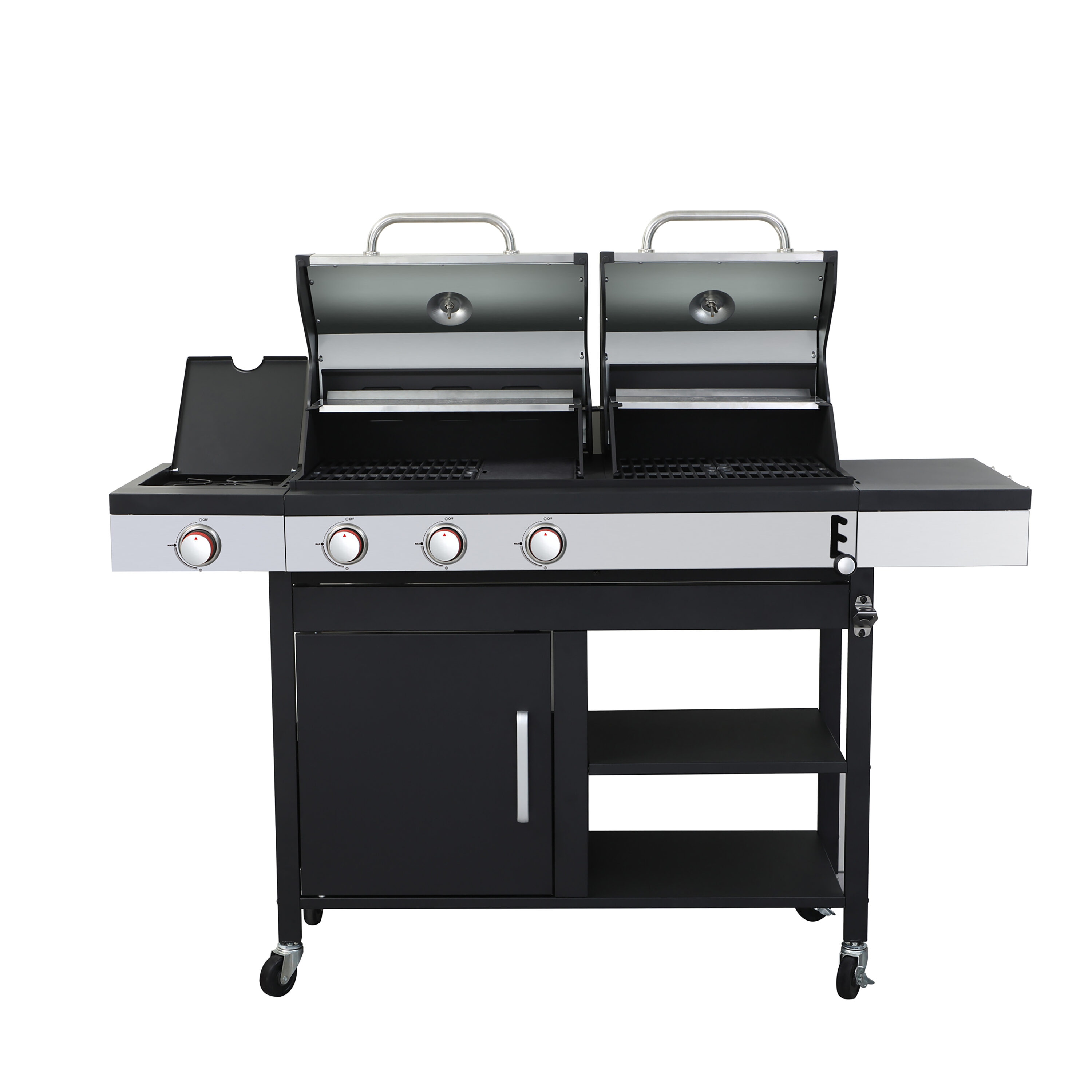 JJJ SLYUHWMTE9J 3-Burner Propane Gas BBQ Grill with Side Burner, combined with charcoal grill Black And Silver 3 -Burner Liquid Propane Gas Grill 1 -Side Burner