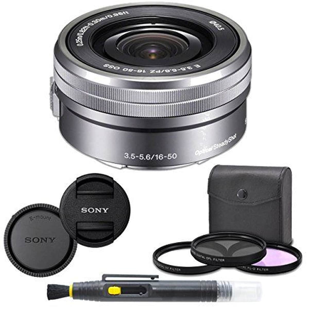 Sony  E PZ 16-50mm f/3.5-5.6 OSS Retractable Power Zoom Lens (Silver) with 3-Piece Filter Kit - Front/Rear Caps - Cleaning Pen