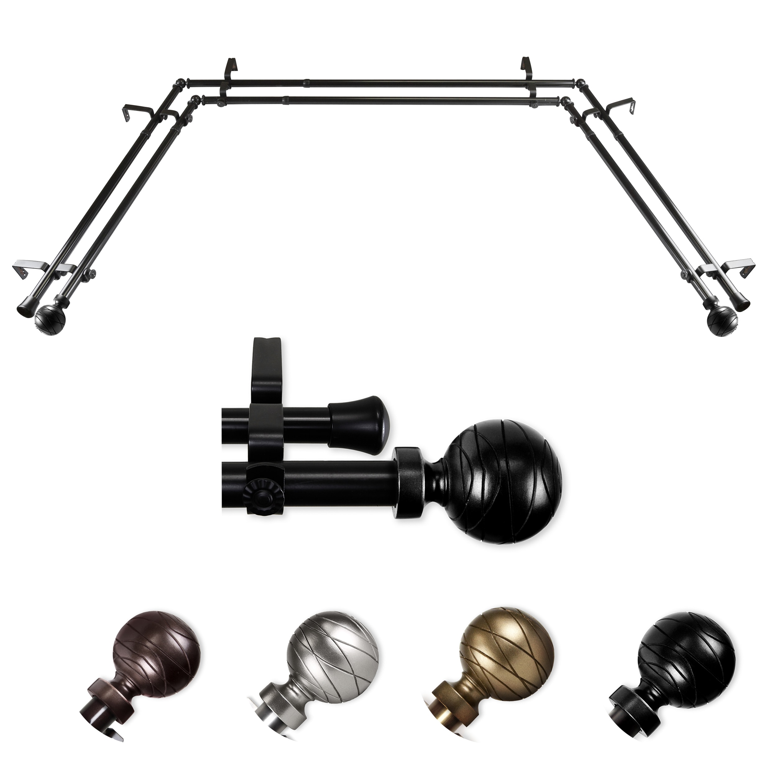 Hart & Harlow LO-ABAY-84-2D 72-in to 144-in Black Steel Bay window curtain rod with Finials
