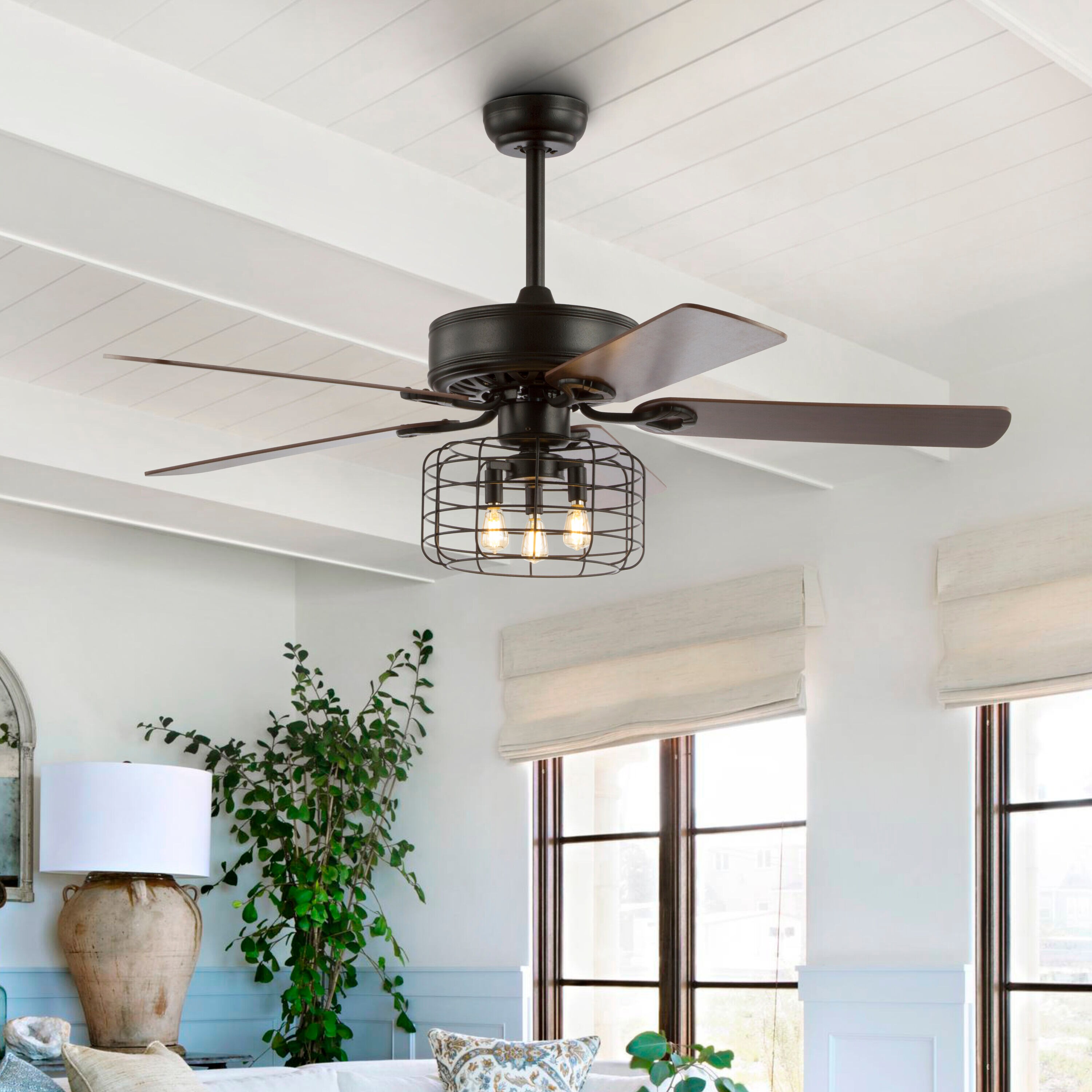 JONATHAN Y Asher Industrial Metal/Wood 52-in Forged Black with Walnut/Red walnut Blades Ceiling Fan With Light - Remote Included ( 5 -Blade )
