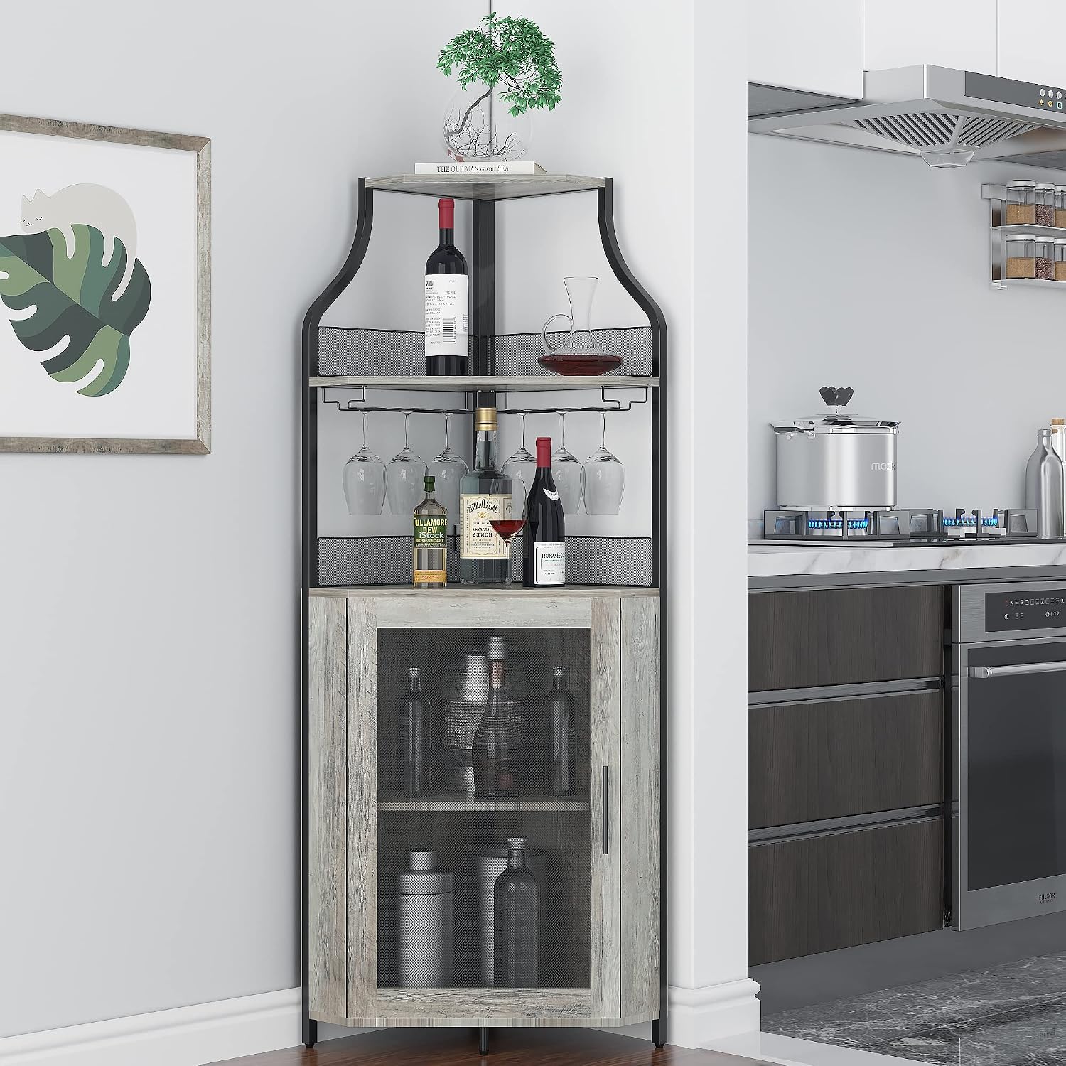 GAOMON Corner Bar Cabinet Wine Bar Cabinet with Large Storage Space and Detachable Wine Rack Wine Cabinets with Glass Holder and Mesh Door for Dining Room Living Room Kitche