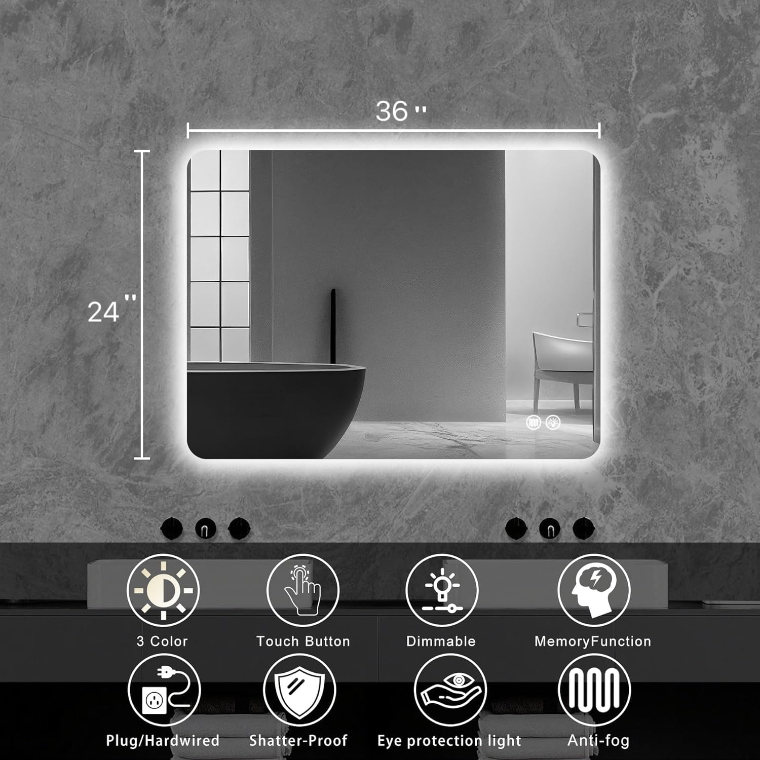 WELLFOR - Bathroom Mirror 36-in x 24-in Polished Frameless Rectangle Dimmable LED Fog Free Bathro...