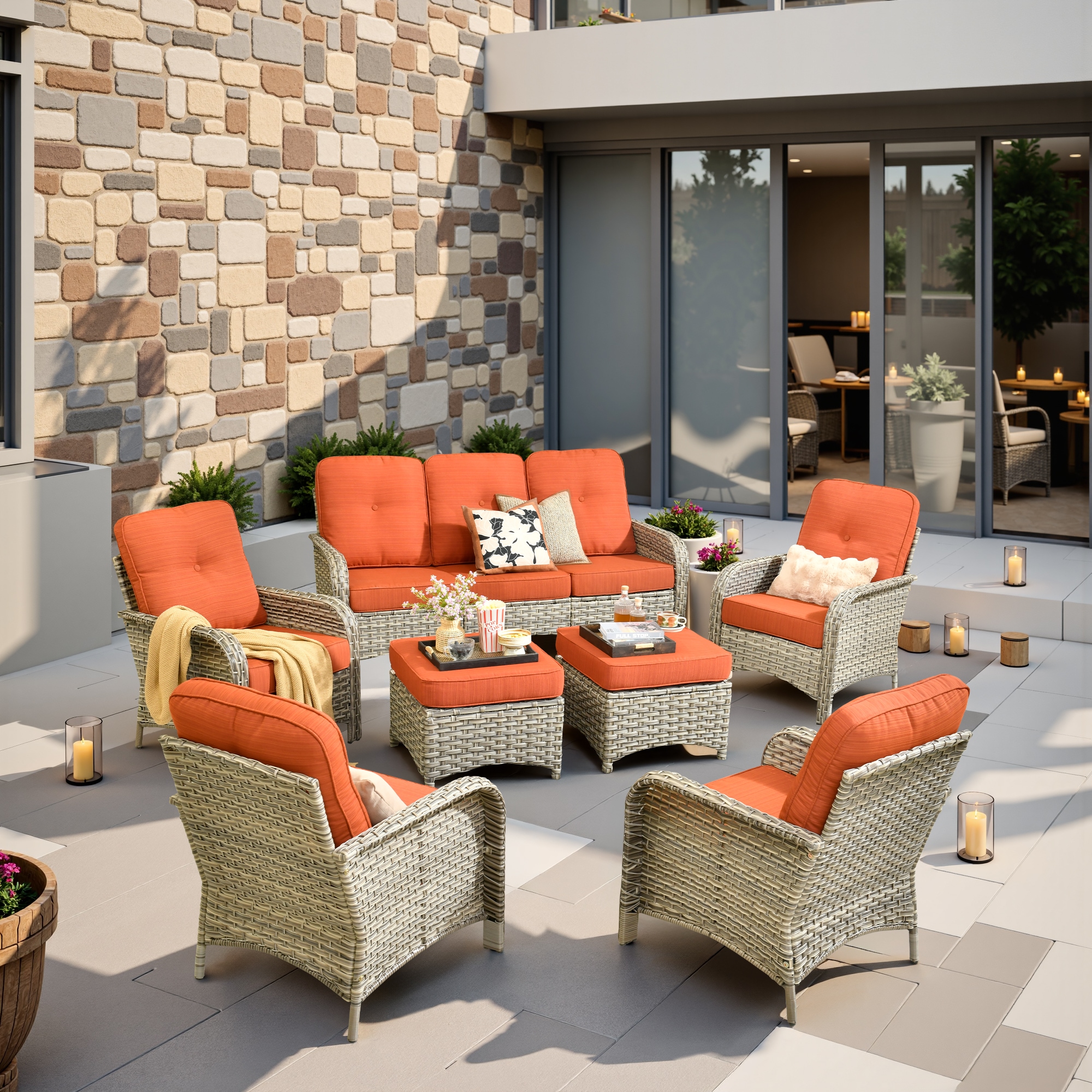 weaxty HMBVNC800S71 Belvoir 7 -Piece Wicker Patio Sofa Conversation Set with Orange Cushions