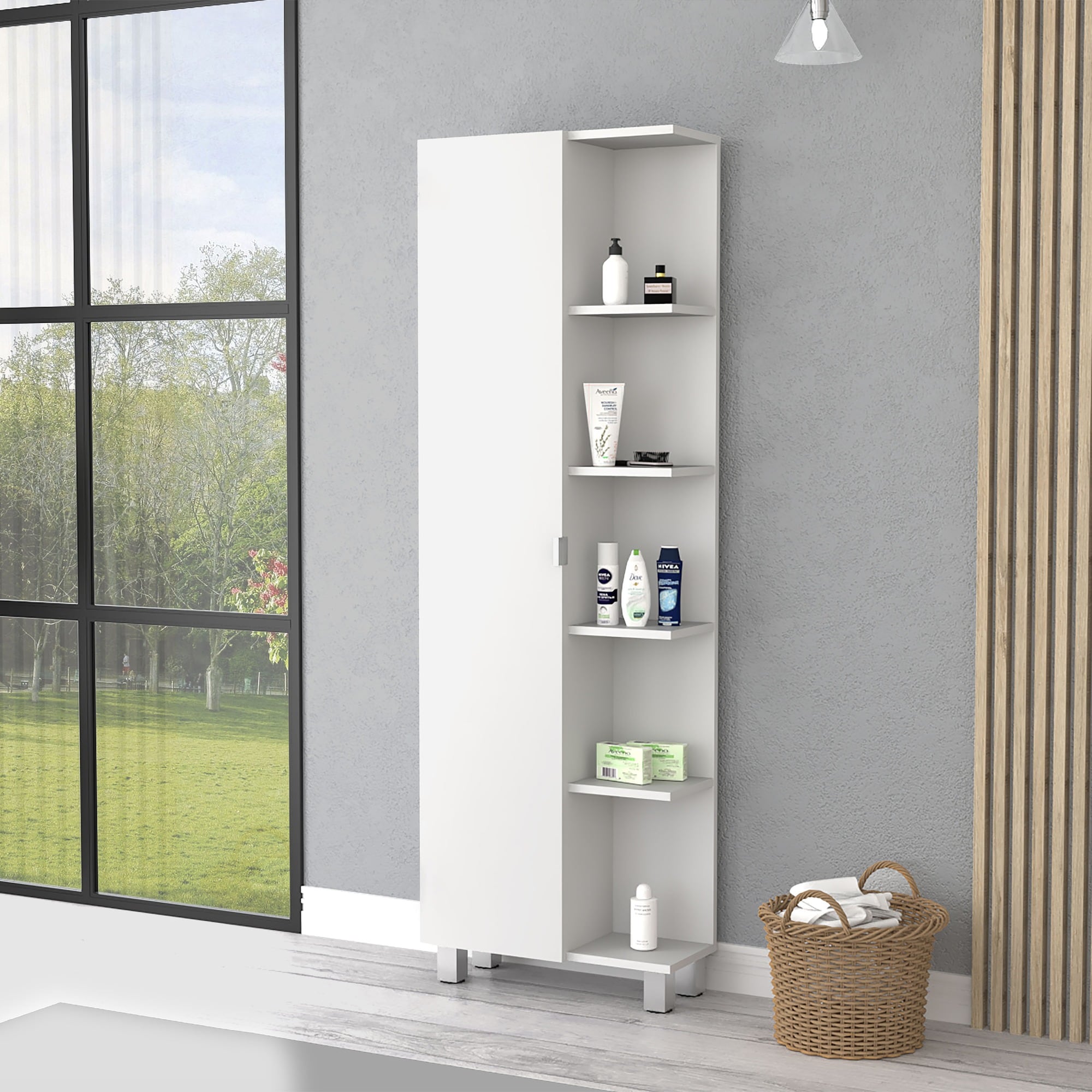 HyperDrop Cart Wood Freestanding Bathroom Linen Storage Cabinet with 5 Shelves and Single Door Container
