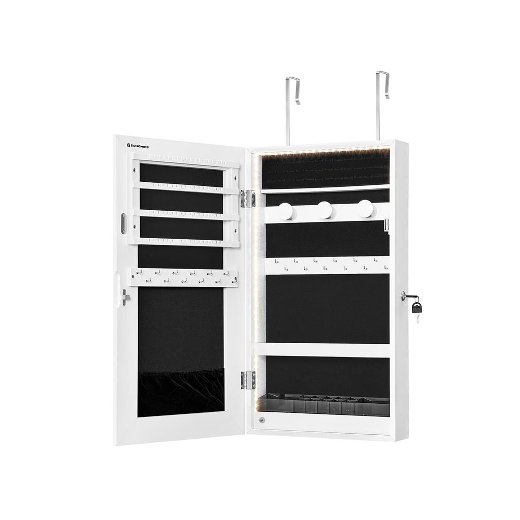 Slickblue White- Wall or Door Mounted Jewelry Armoire with Frameless Mirror- LED Lighting for Bedroom Closet or Dressing Area
