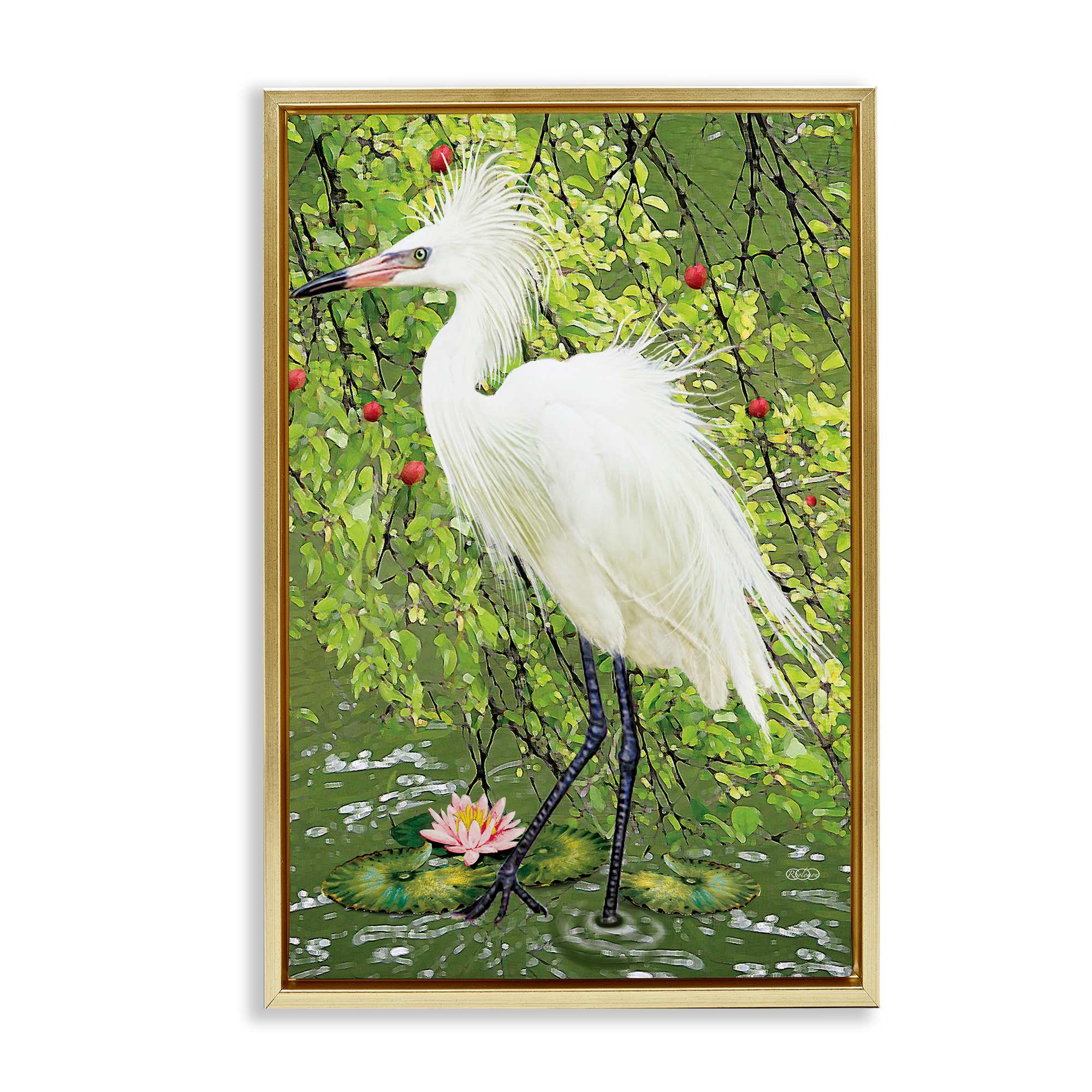 Stupell Industries BT-357-FFG-20X30 Sophisticated Heron in Pond Shore Gold Framed Floater Canvas Wall Art By Rosiland Solomon 21 x 31