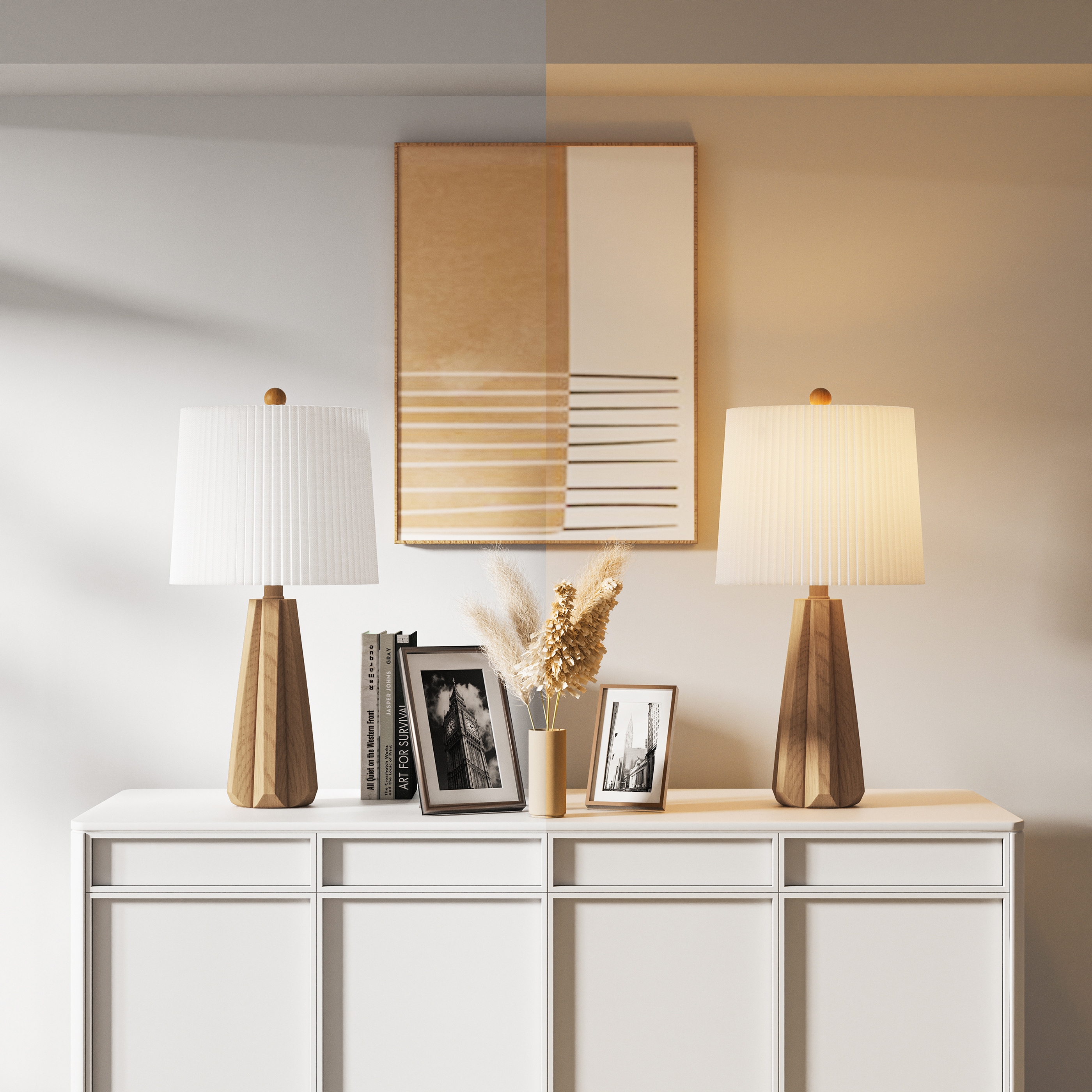 Deluxe 24" Light Brown Resin Table Lamp with White Pleated Linen Shade