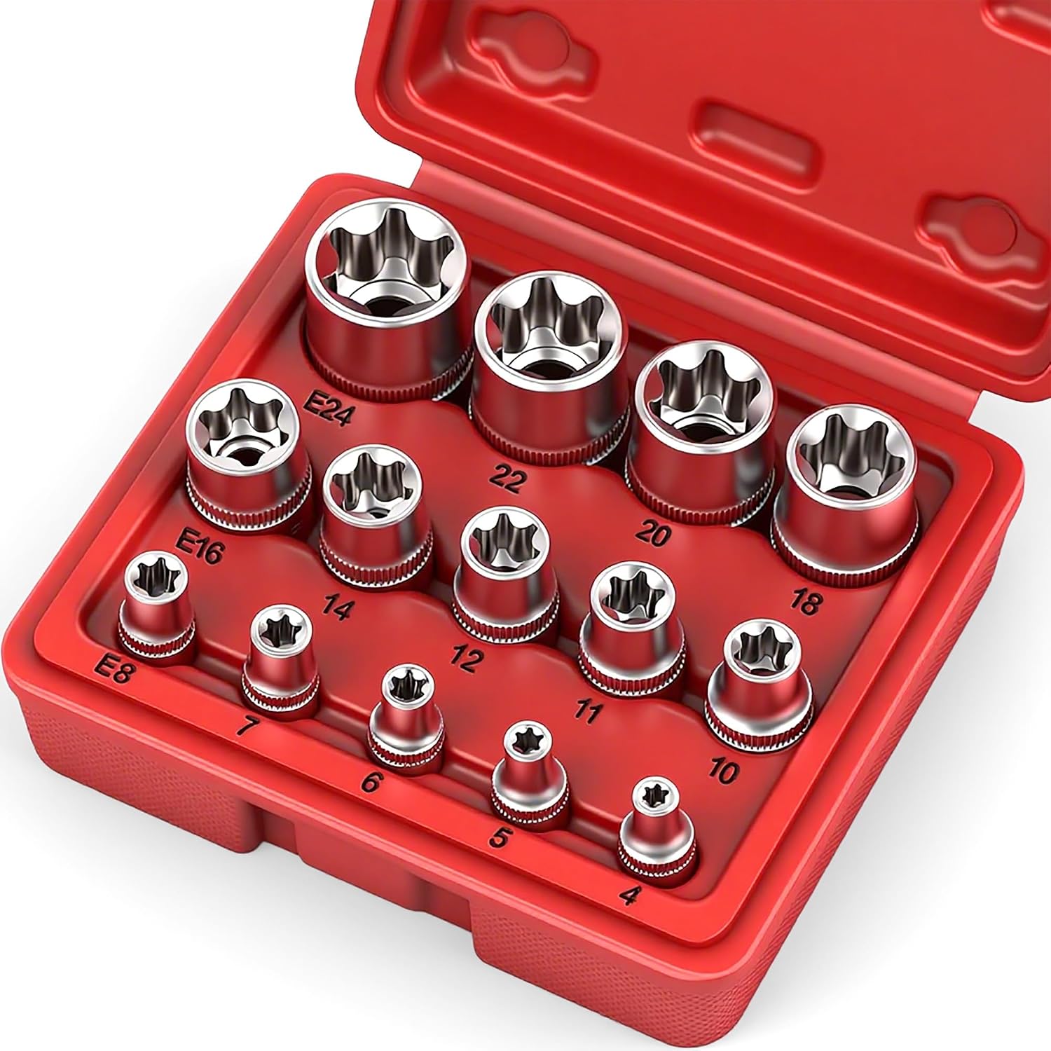 14-Piece External Torx Socket Set with 1/4-Inch 3/8-Inch and 1/2-Inch Drive Sockets E4 through E24