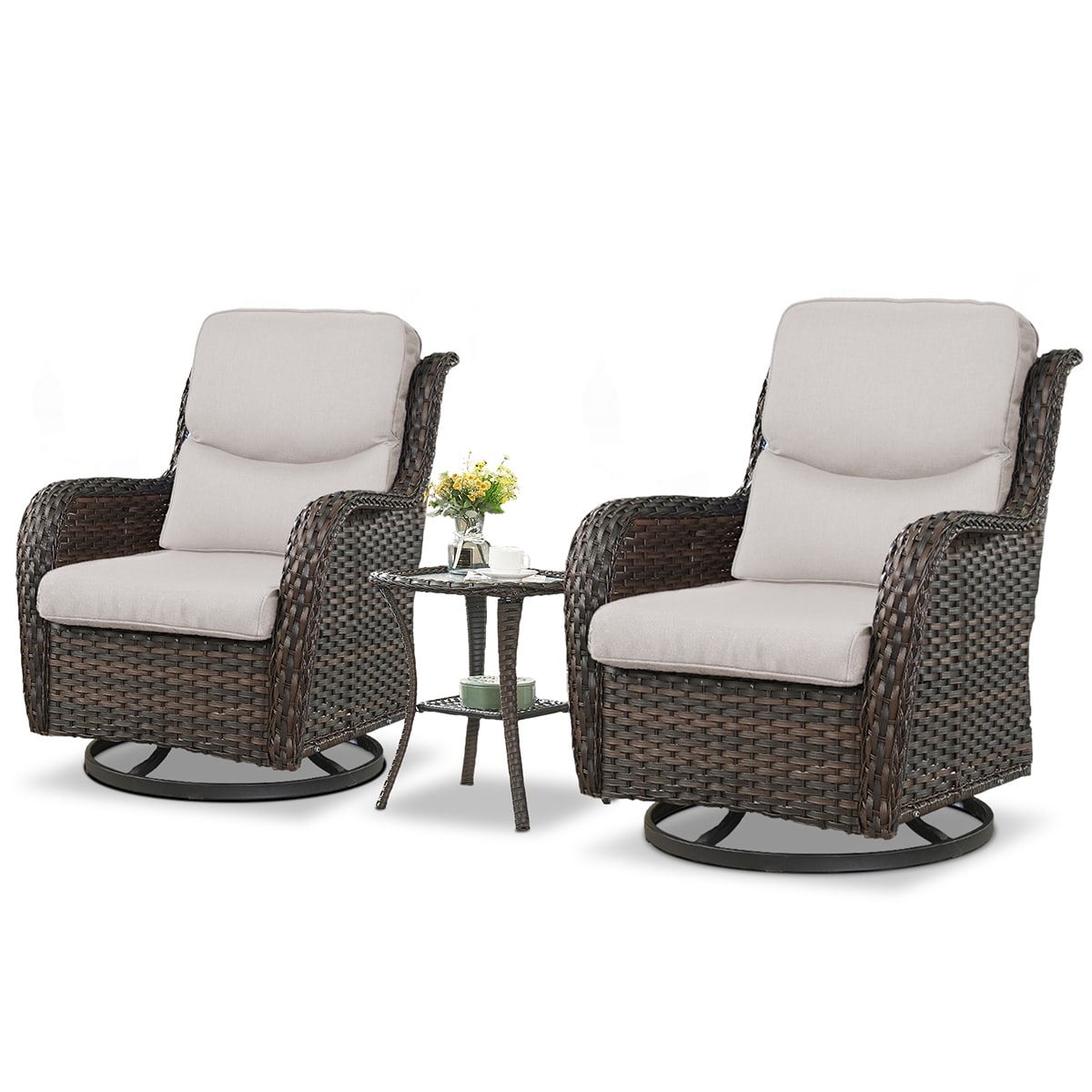 Rilyson FSXL035-2 Smiley Set of 2 Wicker Brown Wicker Frame Swivel glider Conversation Chair with Brown Beige Cushioned Seat