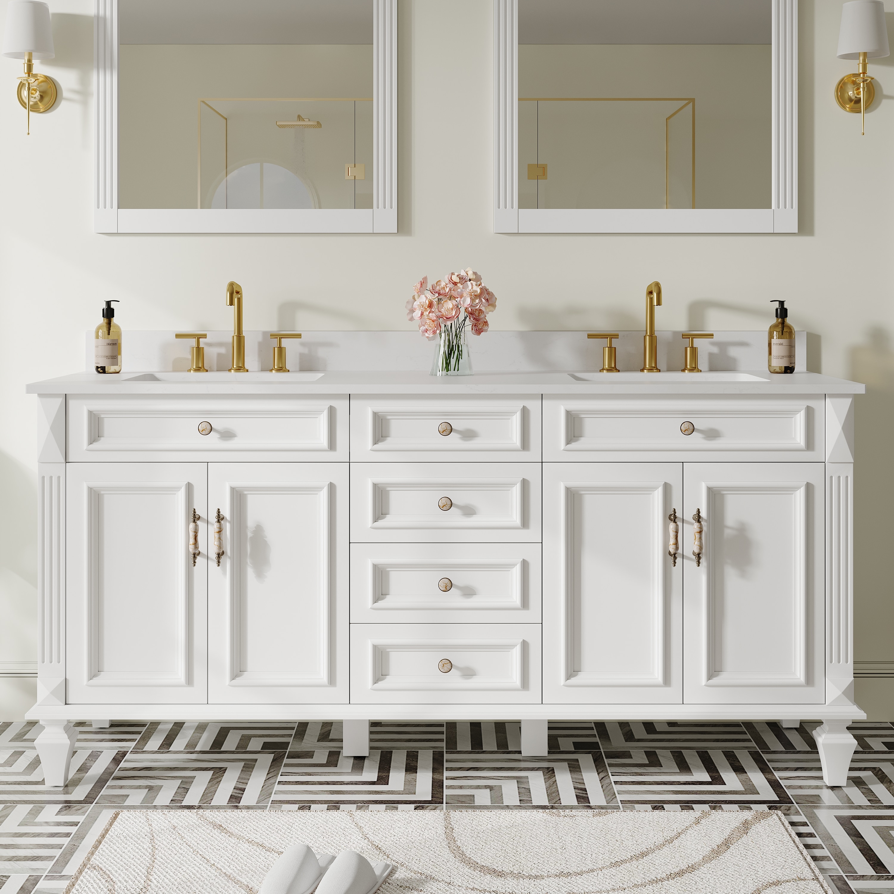 ANGELES HOME  72-in Solid Wood White Bathroom Vanity Undermount Double Sinks with Carrara White Quartz Countertop(Fully Assembled)
