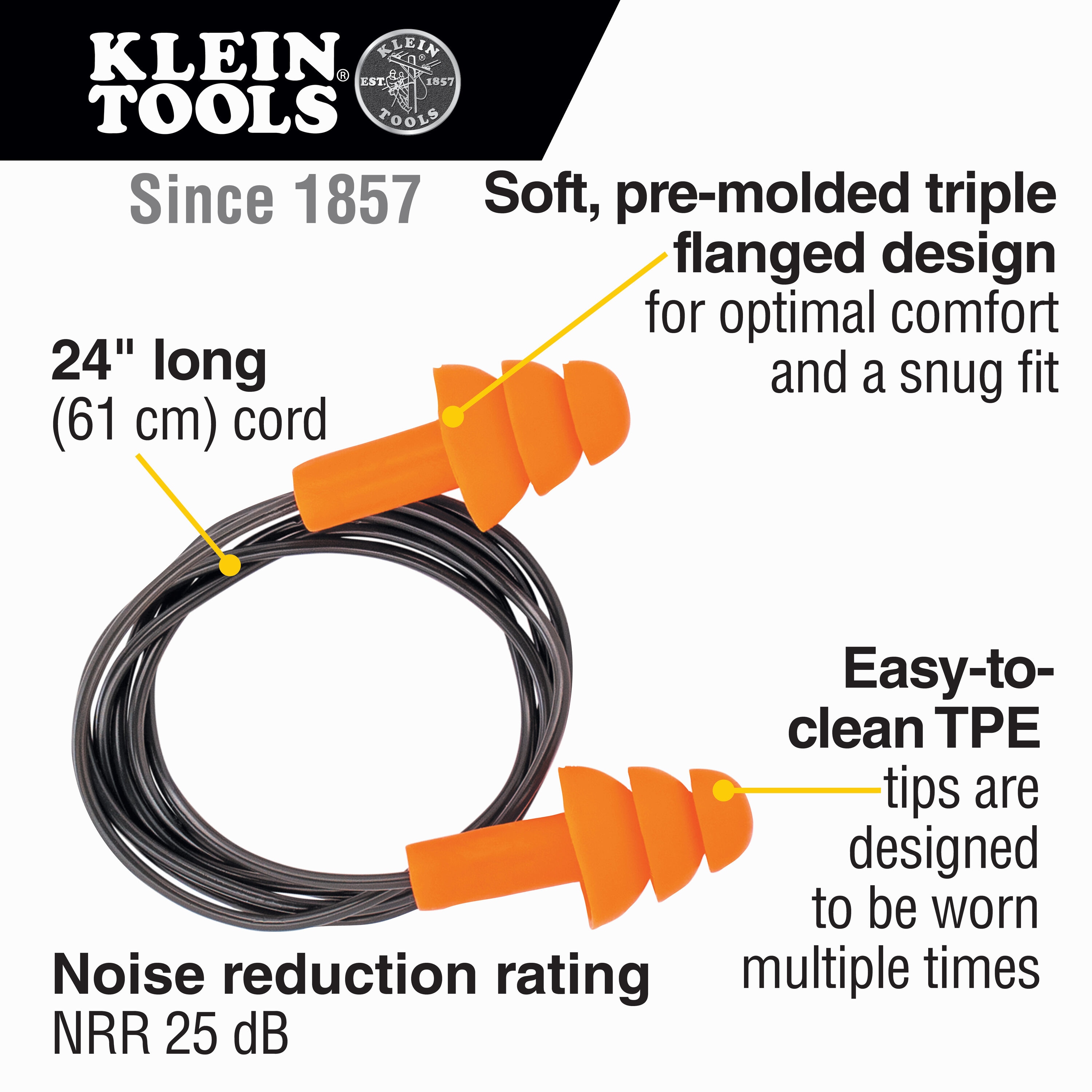 Klein Tools 6 Pack Reusable Corded Hearing Protection Earplugs 25 Db