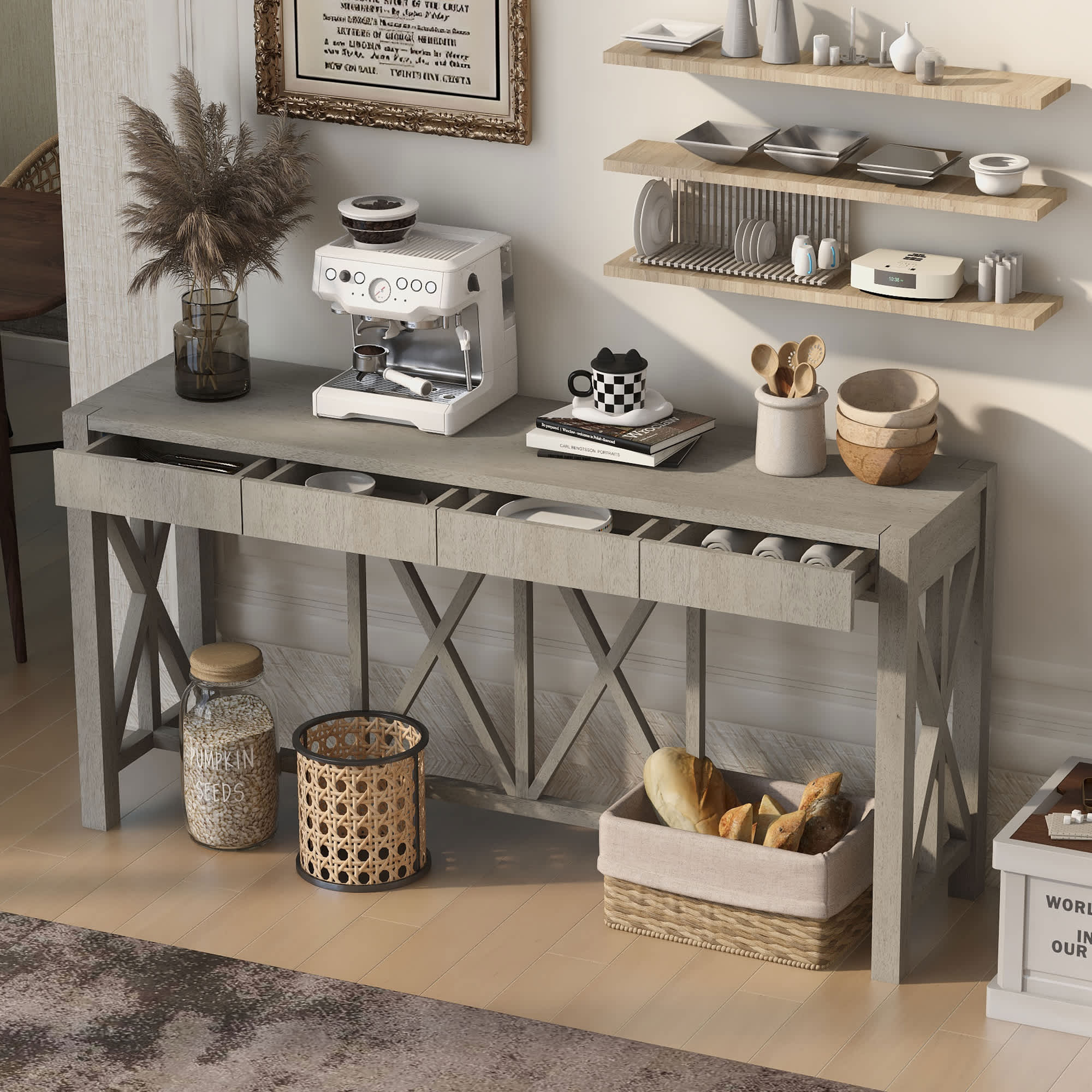 Vynxaria 60 Inch Acacia Veneer Console Table 4 Spacious Drawers X Leg ...