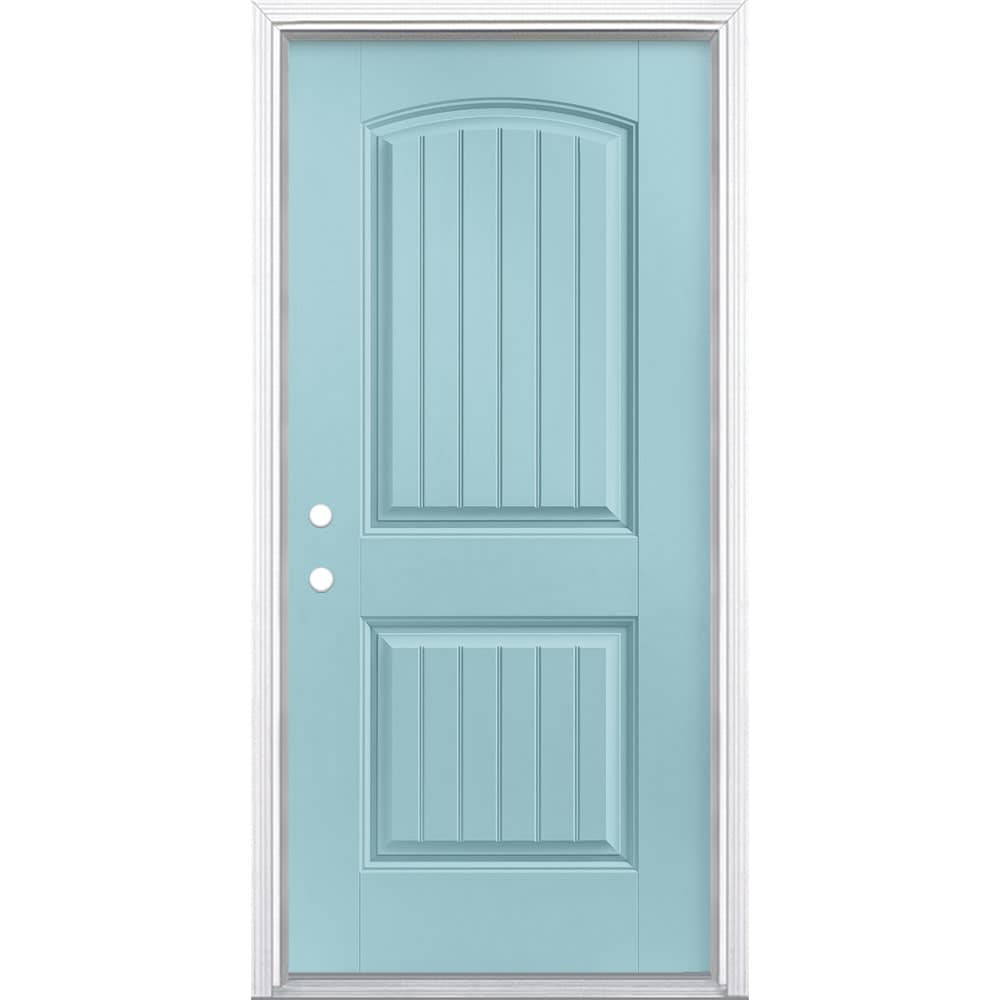 Masonite 1218290 36-in x 80-in x 4-9/16-in Fiberglass No glass Right-hand inswing Caribbean Blue Painted Prehung Front Door with Brickmould Insulating core