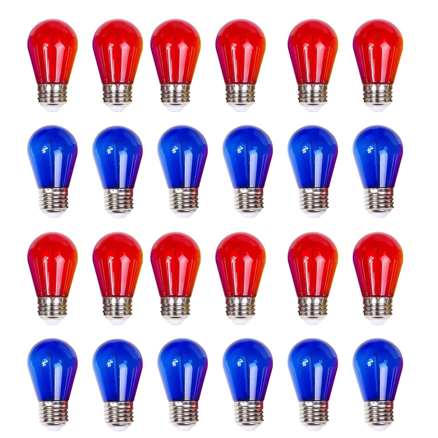 Oyezvary  24 Pack S14 Colored LED String Light Bulbs E26 Base 1W Shatterproof Waterproof Plastic Red Blue for Outdoor Patio and Christmas Decorations