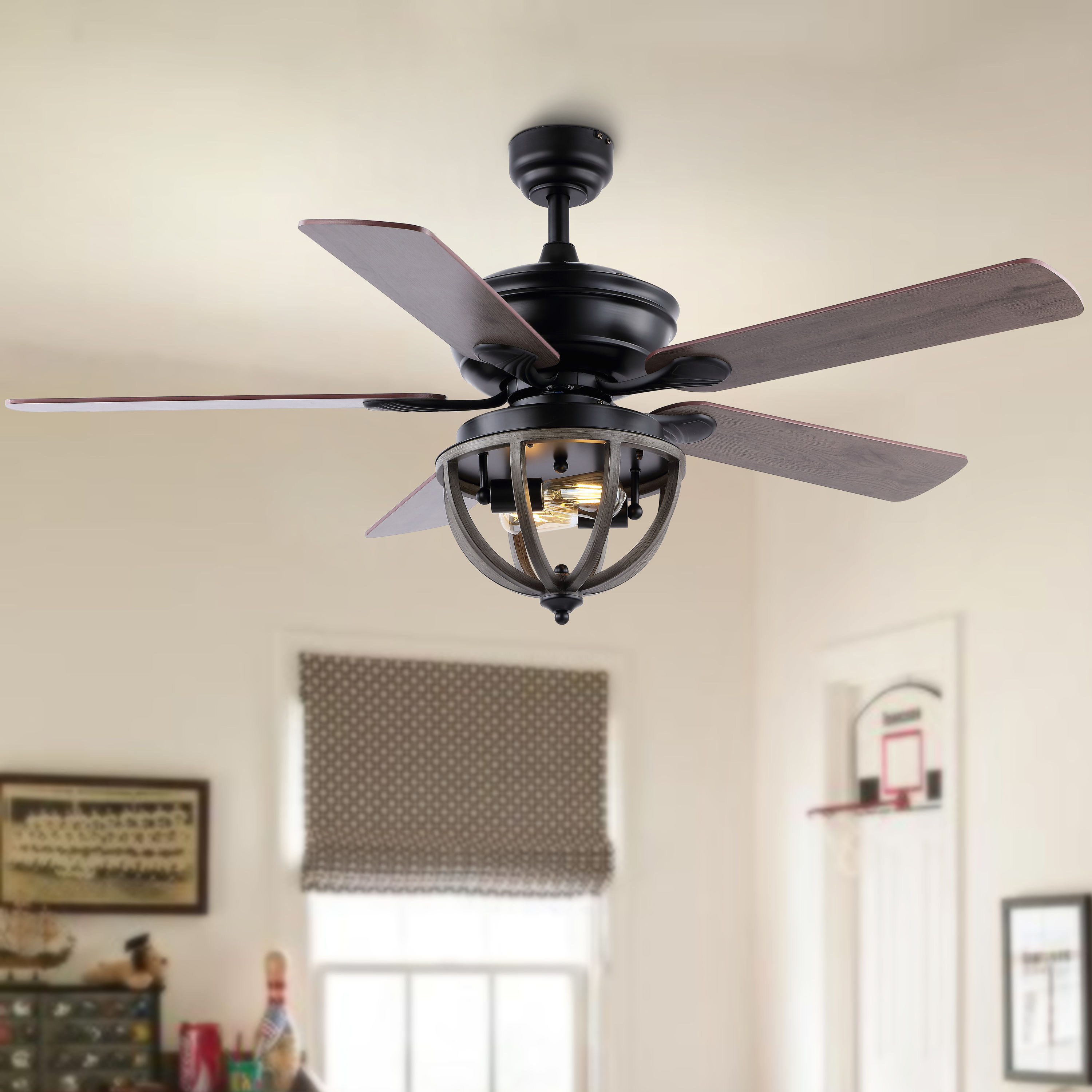 JONATHAN  Y JYL9613A Jasper Iron Dome Industrial 52-in Downrod or Flush Mount Black with Ashwood/Coffee Brown Blades Ceiling Fan With Light - Remote Included ( 5 -Blade )