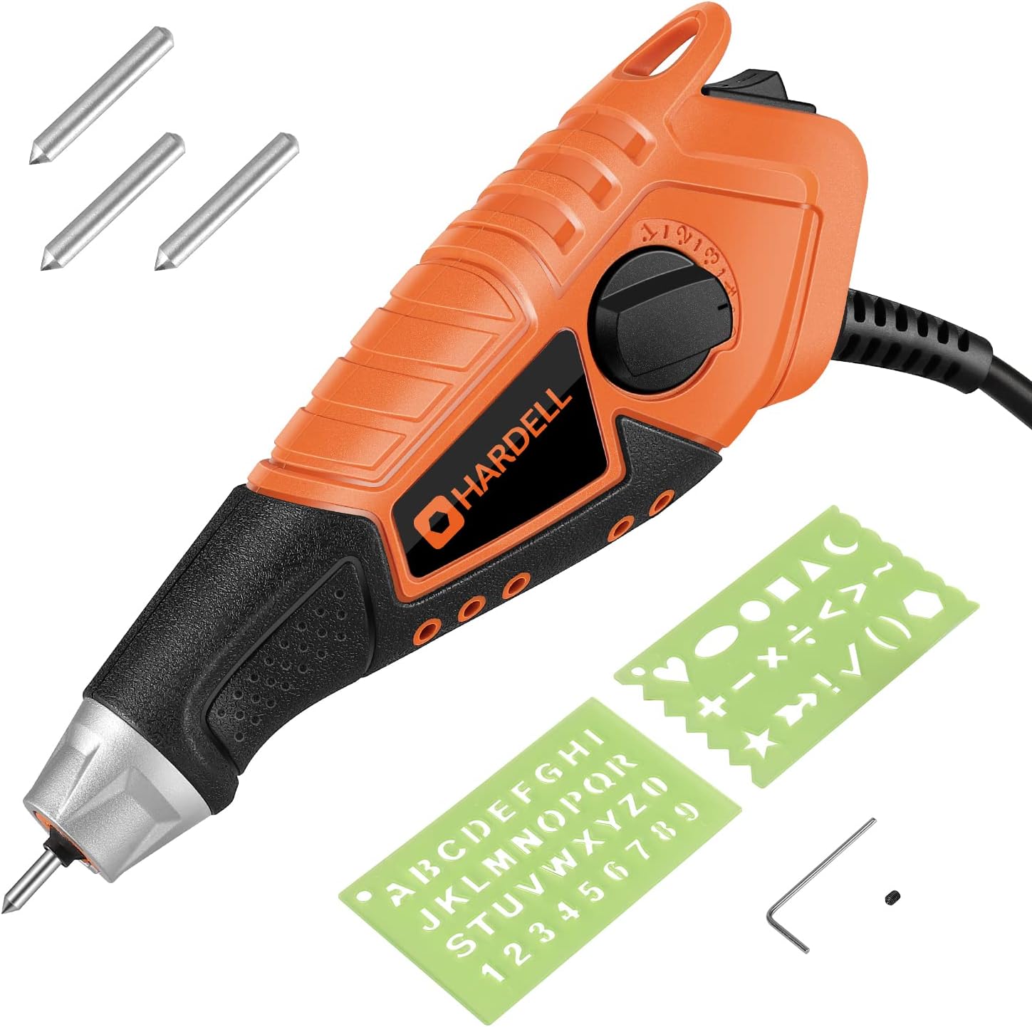 HARDELL B0B53DVV3G 15W Engraving Tool with 5 Speed Settings - Mini Engraver with Soft Rubber Handle and Tungsten Carbide Steel Bits - Multi Purpose Engraver for Tile Metal Stone Wood Leather Glass PVC Pipe and DIY Crafts - Orange
