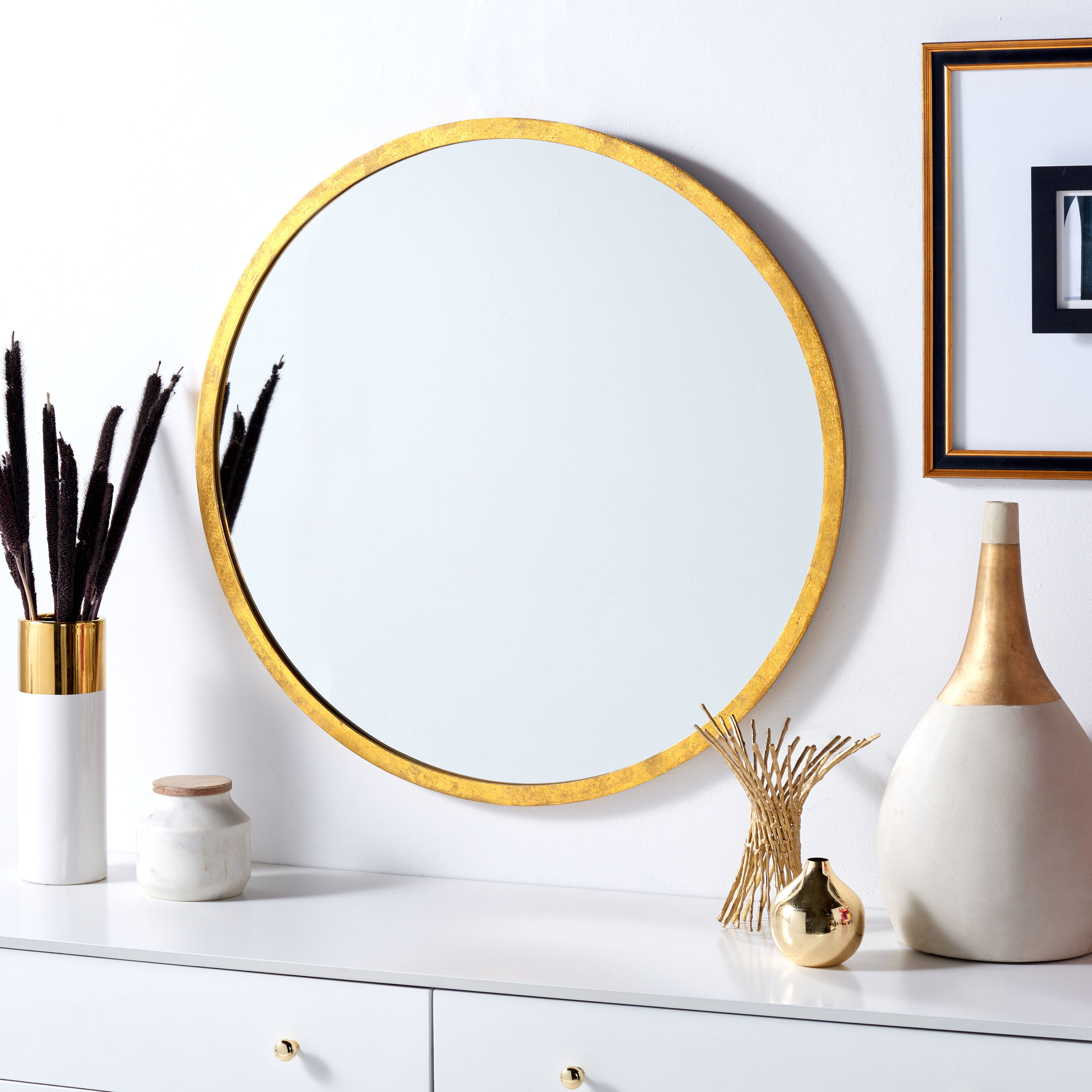 Safavieh Adric 30 W x 30 H Round Gold Foil Framed Wall Mirror MRR3033A ...