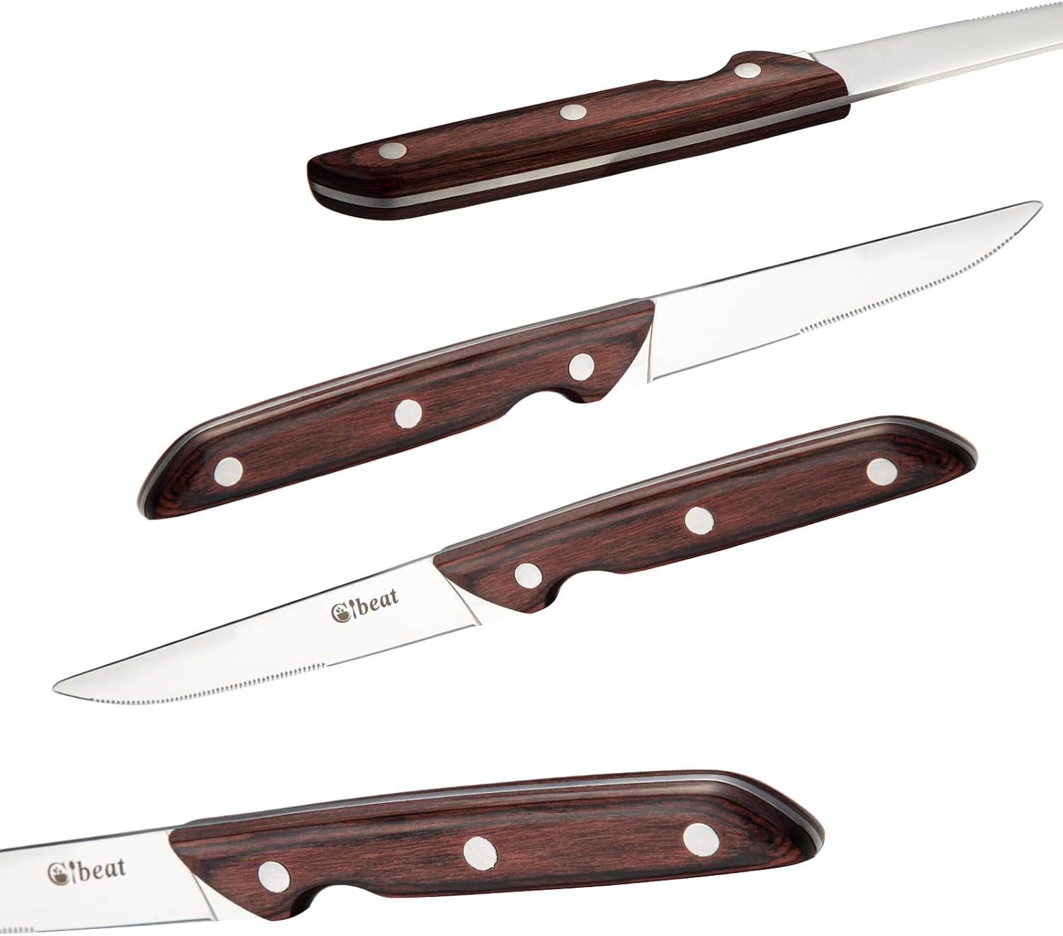 Garvee Serrated Steak Knife Set of 4 Stainless Steel Serrated Steak knives with Wood Handle