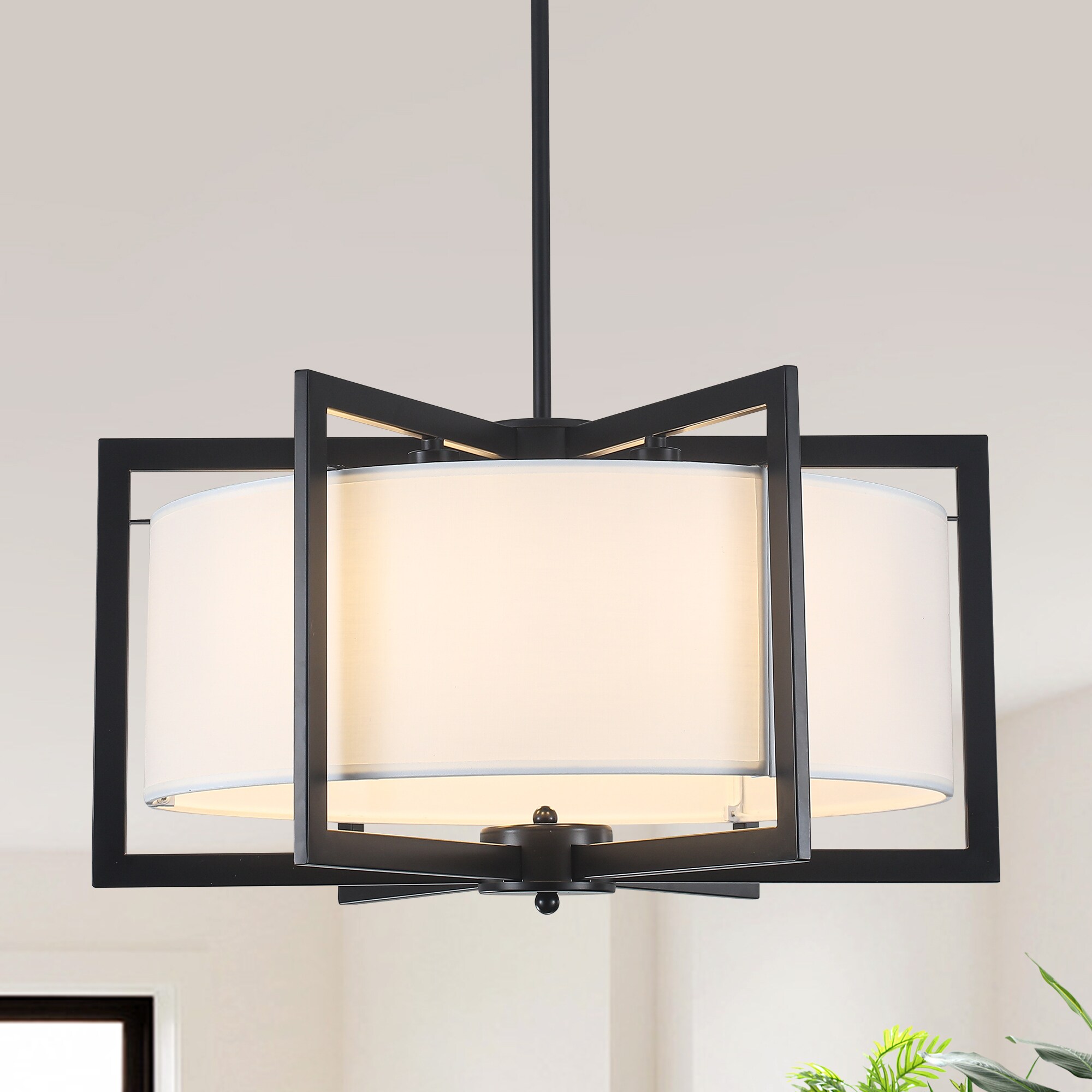 Zjvaive 21.25-in 6-Light Matte Black Frame Drum Fabric Pendant