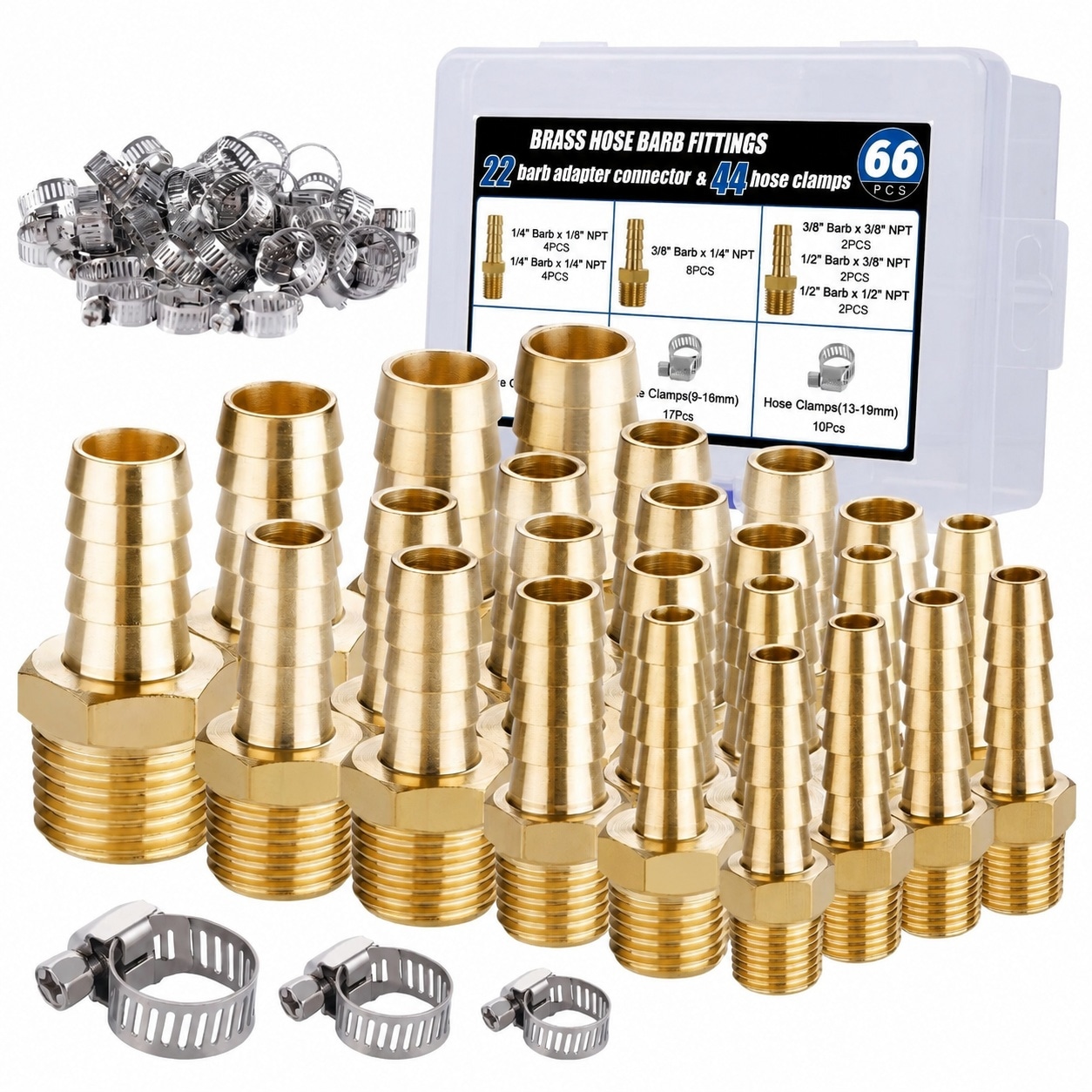 AKSCYZM  22pcs Brass Hose Fittings Set Three Eighths Barb to One Quarter NPT and One Quarter Barb to One Quarter NPT Male with 44pcs Pipe Hose
