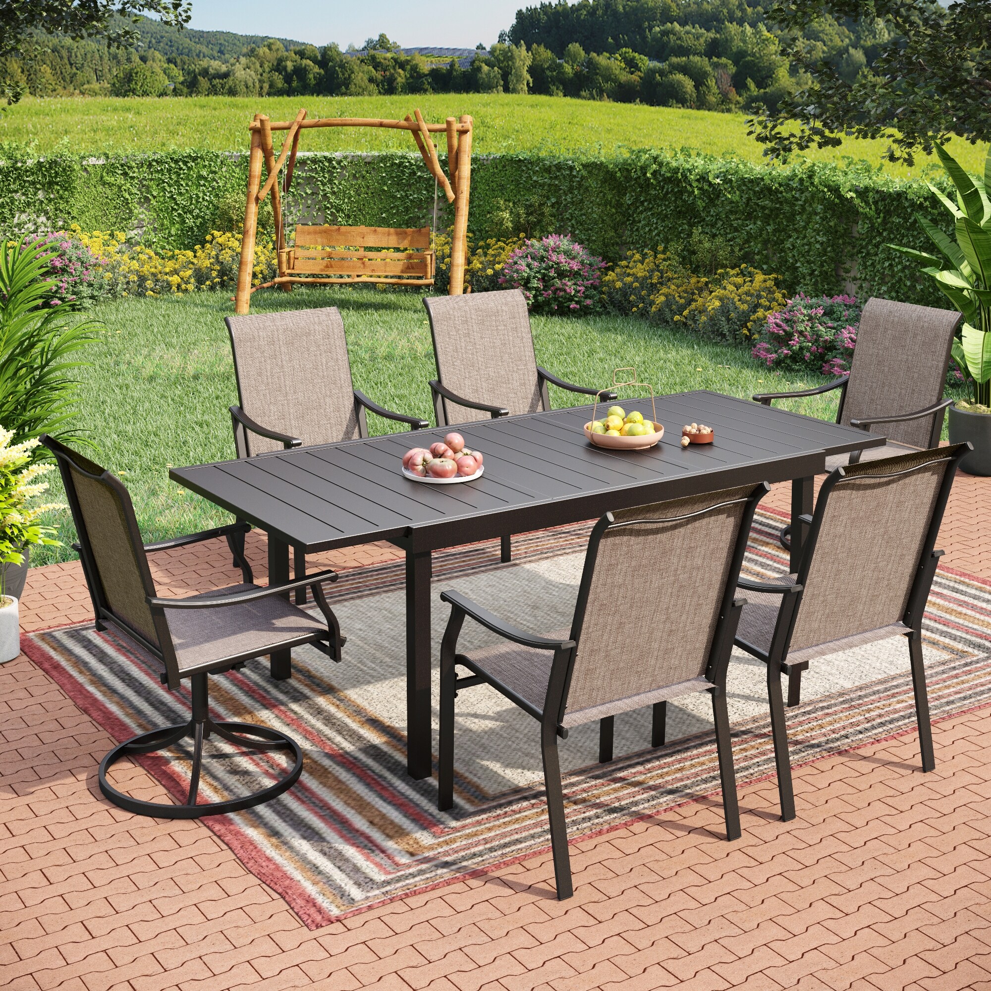 Sunshine Valley TC7-PV305-049-01-N Outdoor Table and Chairs 7 -Piece Black Patio Dining Set Extendable Table Steel Rectangle Table with 6 Brown Stationary Chairs