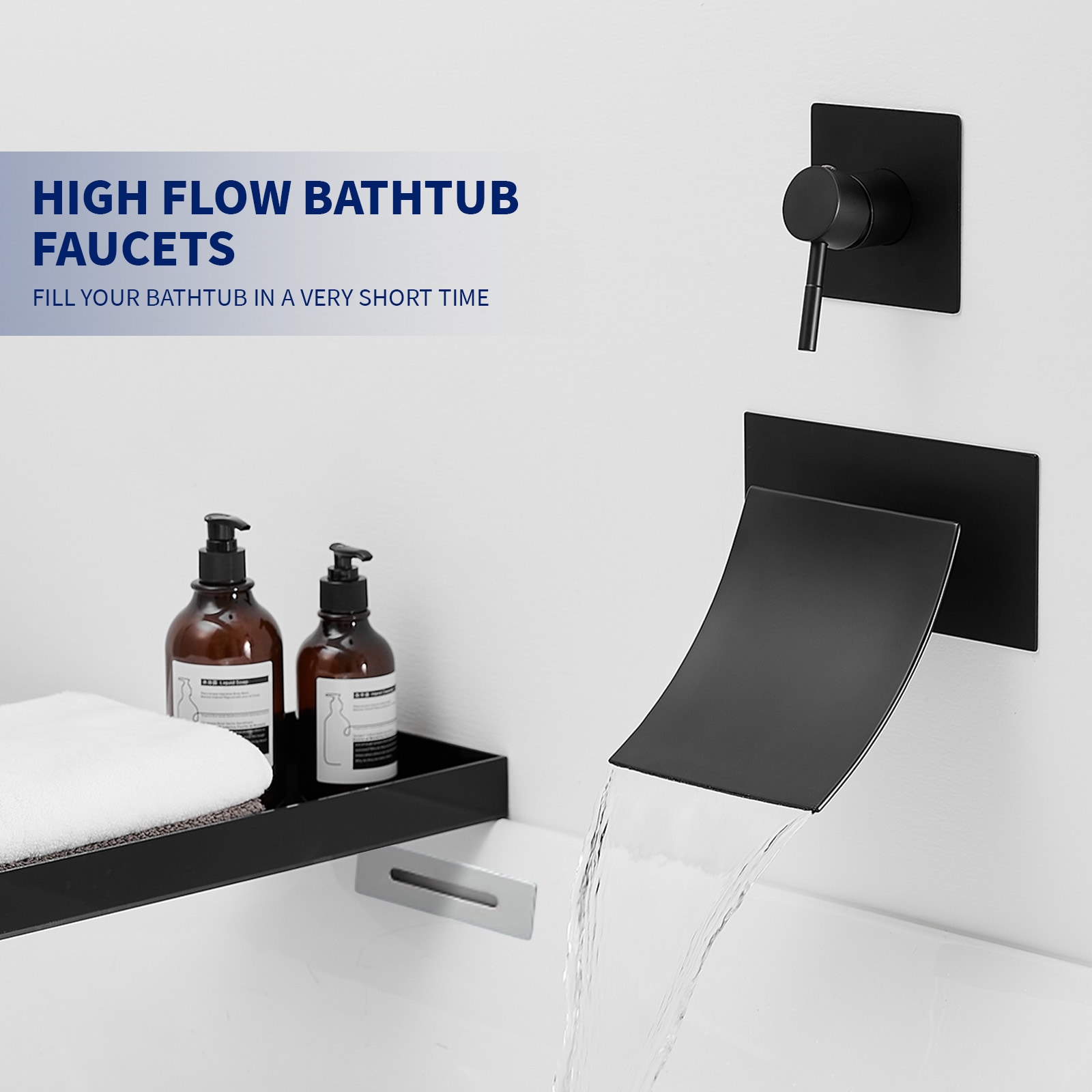Matte Black Wall-Mount Waterfall Bathtub Faucet with Lever Handle