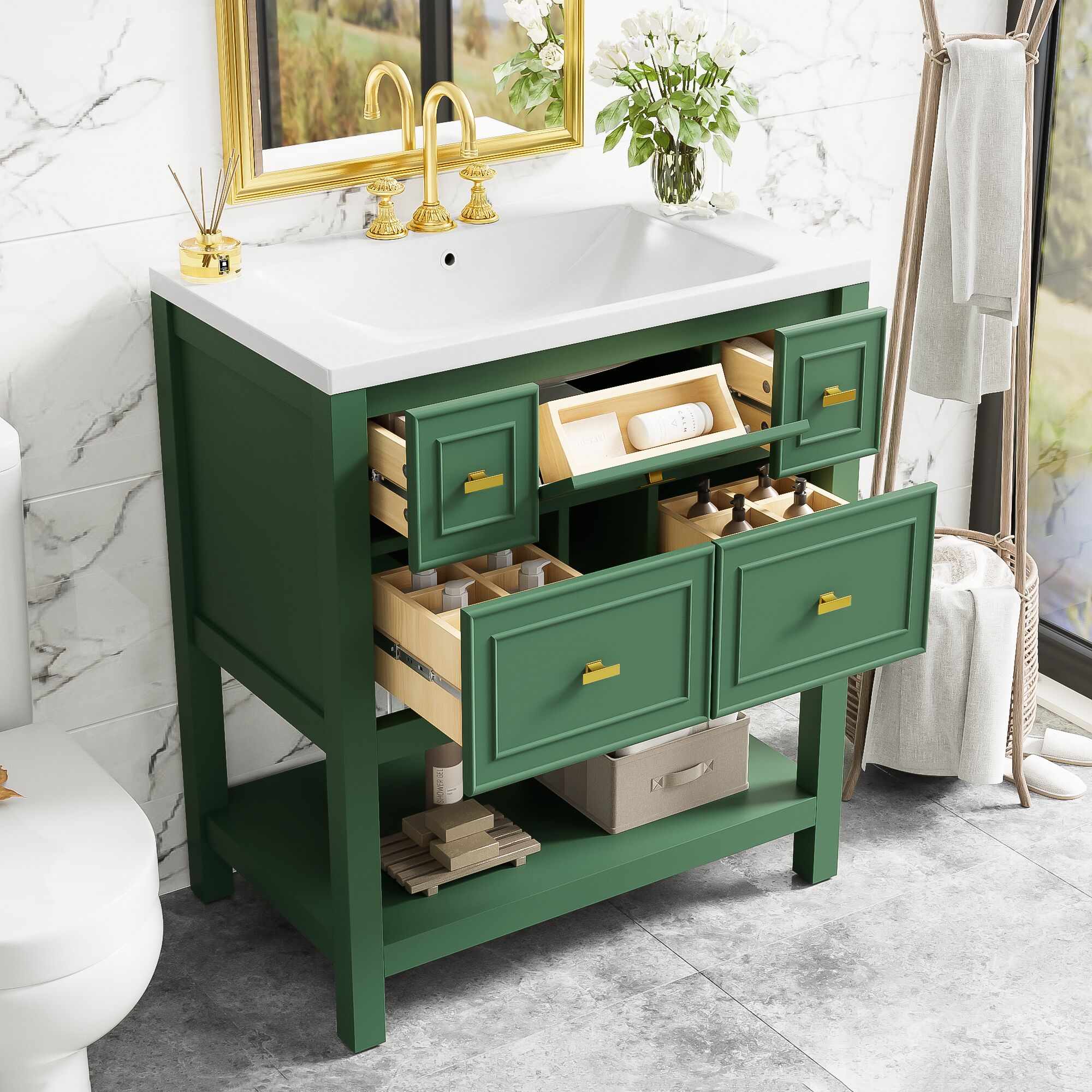 LOVMOR SF-L-SW000140AAF-1 30inch Bathroom Vanity with Resin Sink Combo Free Standing Single Vanity Set with 5 Drawers Solid Wood Frame Bathroom Storage Cabinet Green