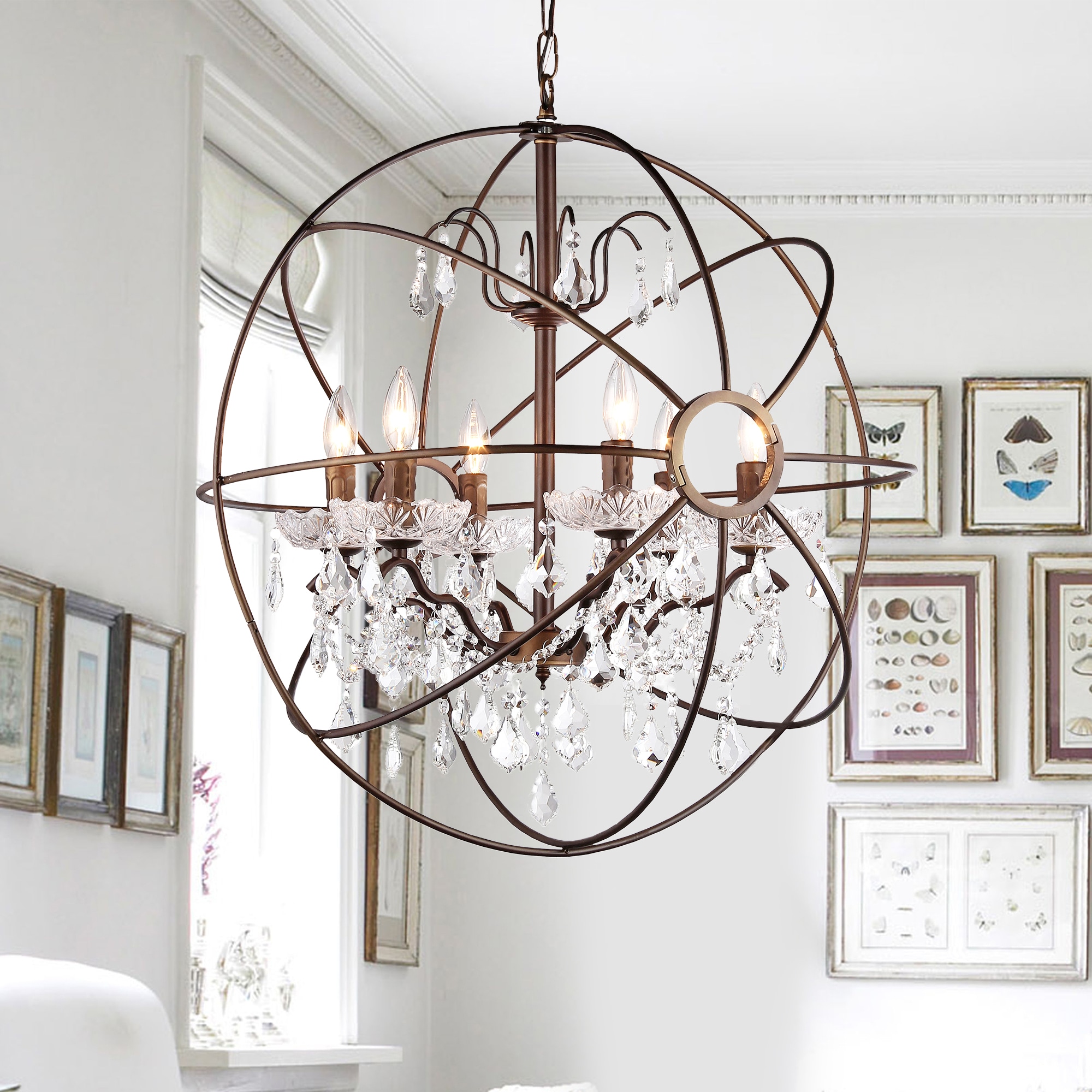 Antique Bronze Crystal Sphere Chandelier with Candle Style Lights