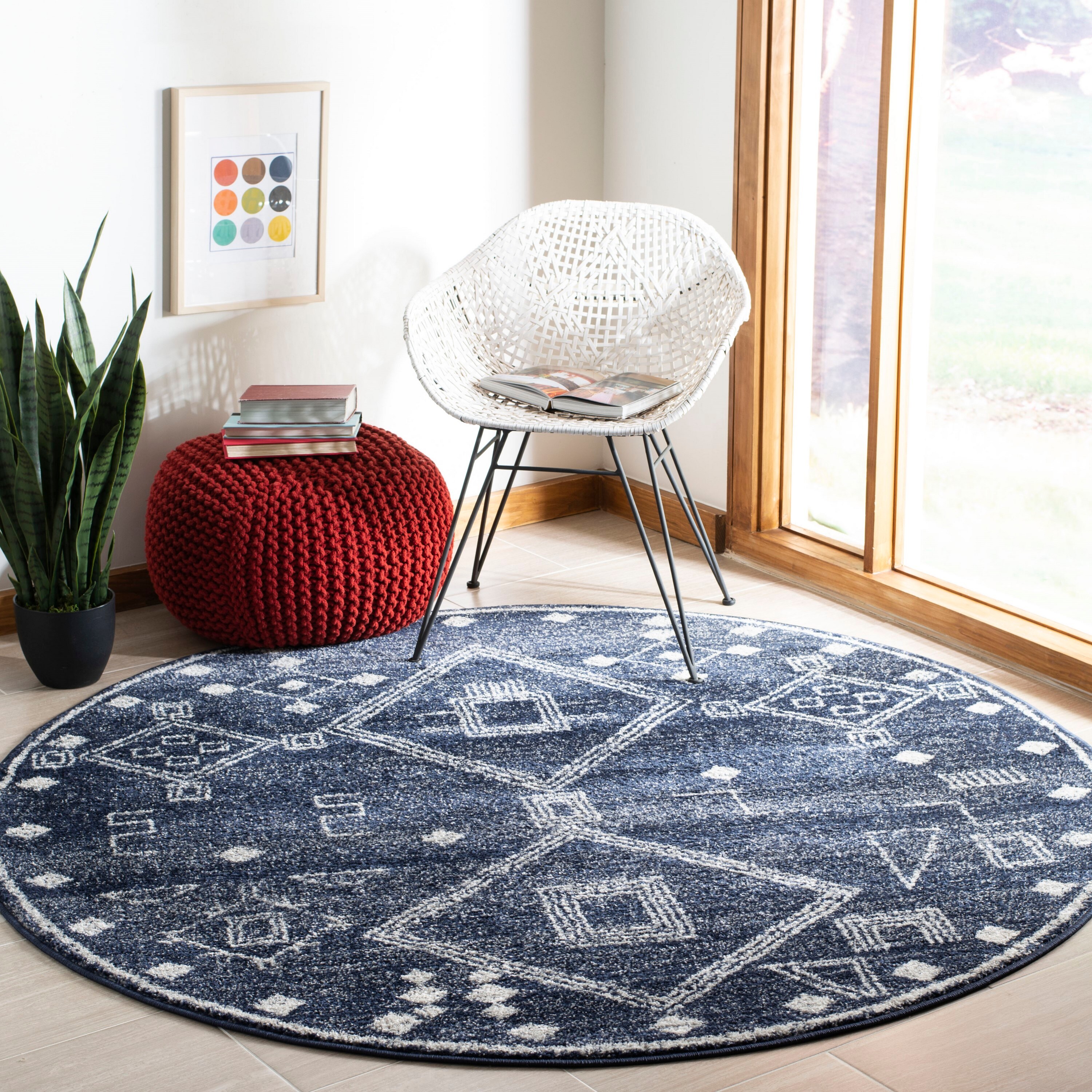 Safavieh ADR208N-6R Adirondack Teva 6 x 6 (ft) Loomed Polypropylene Navy/Silver Round Indoor Abstract Moroccan Area rug