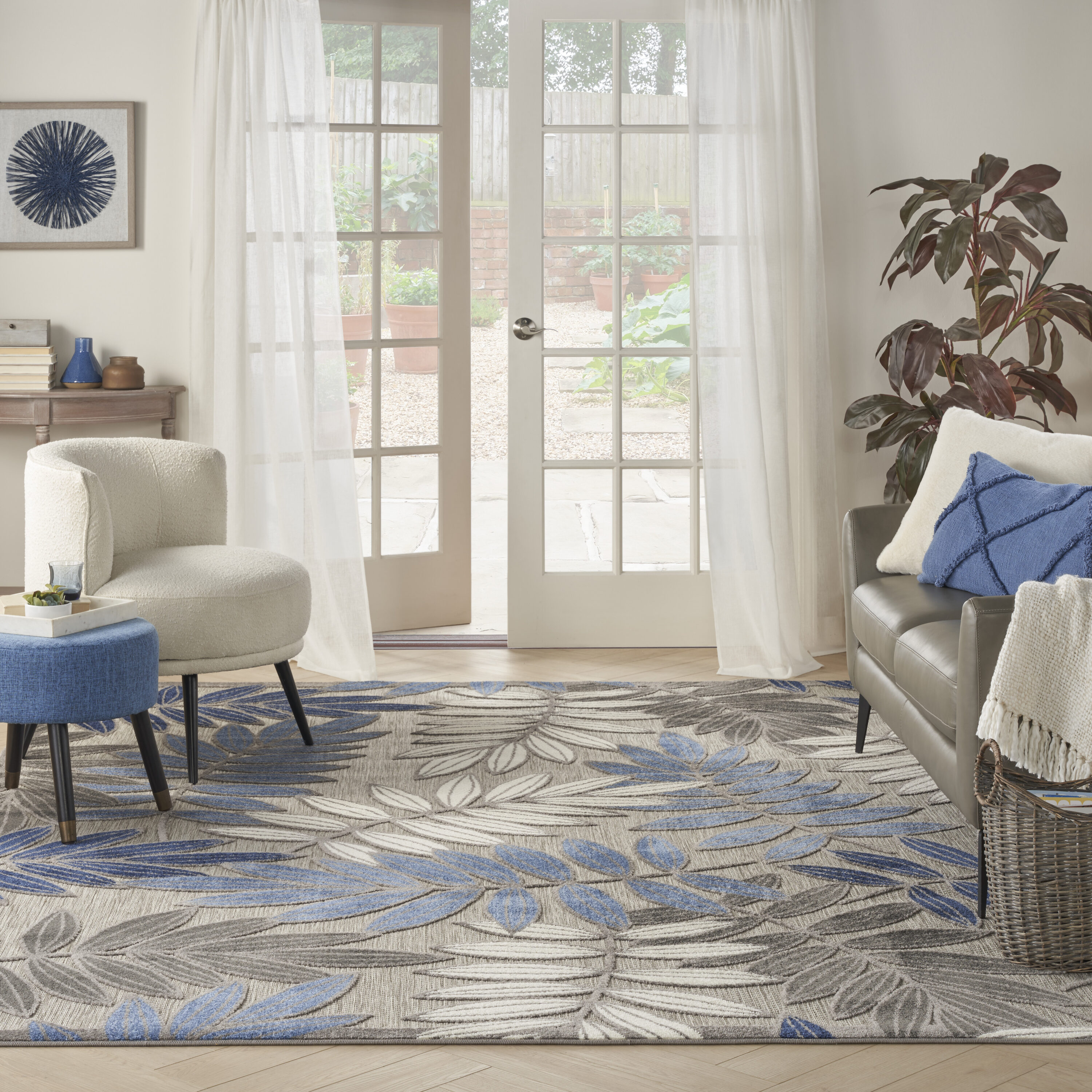 Nourison Home 099446015235 Aloha 9 x 12 (ft) Loomed Polypropylene Grey Blue Rectangular Indoor/Outdoor Floral/Botanical Tropical Area rug