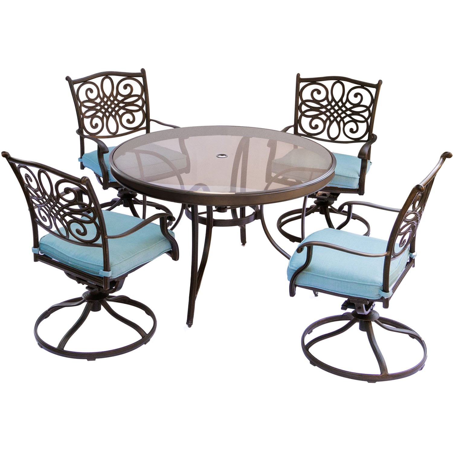 Traditions 5-Piece Bronze Patio Dining Set Aluminum Round Table with 4 Blue Cushions Swivel Rocker Chairs | - Hanover TRADDN5PCSWG-BLU