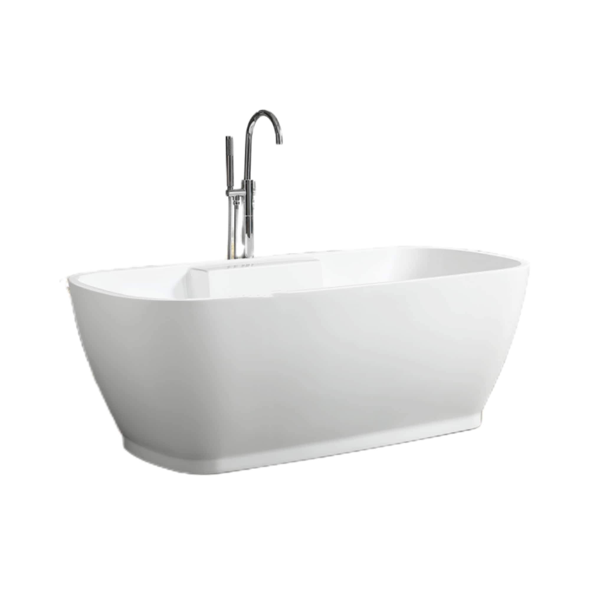 67-Inch White Acrylic Freestanding Soaking Bathtub with Chrome Overflow