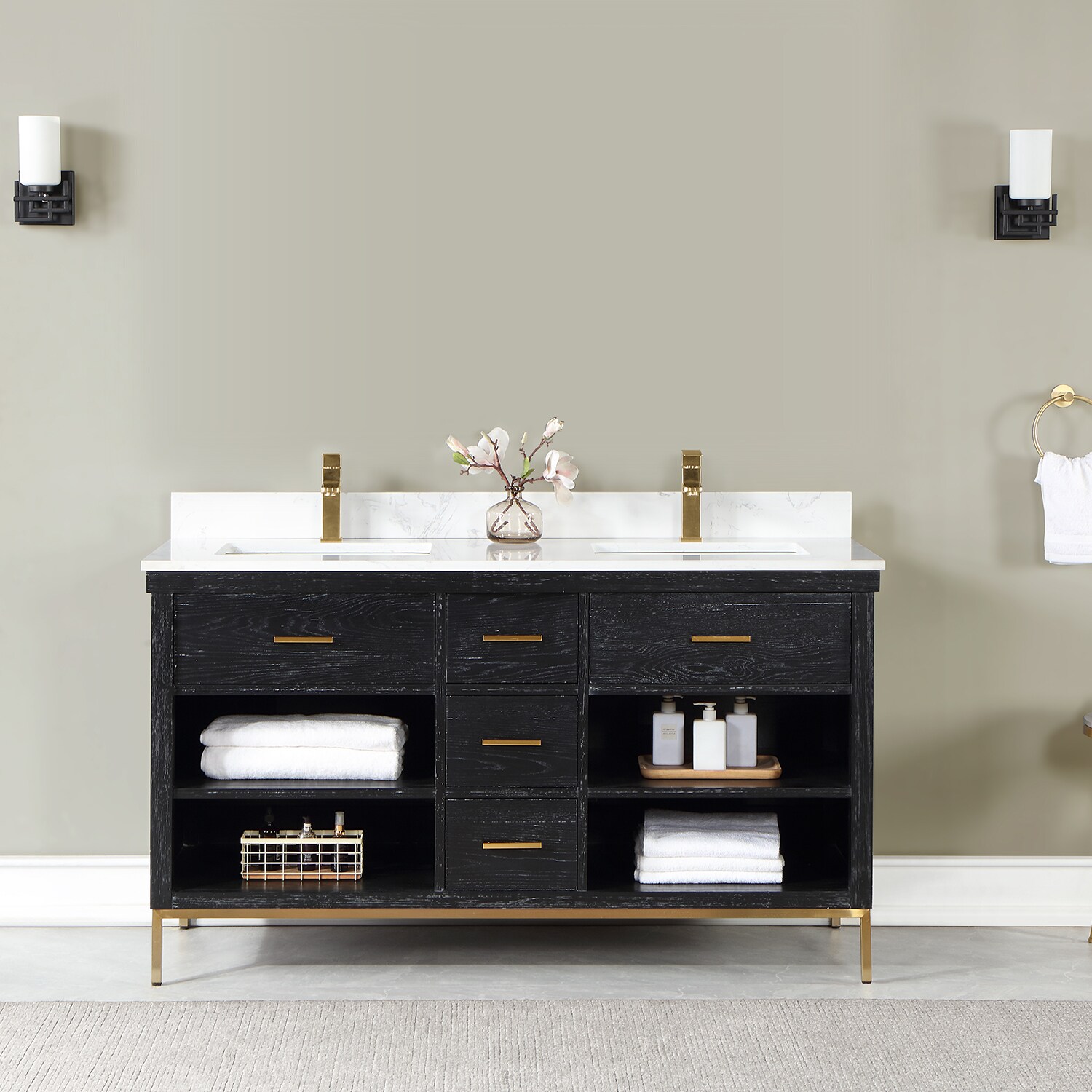 60in Onyx Black And Brass Dual Sink Bathroom Vanity