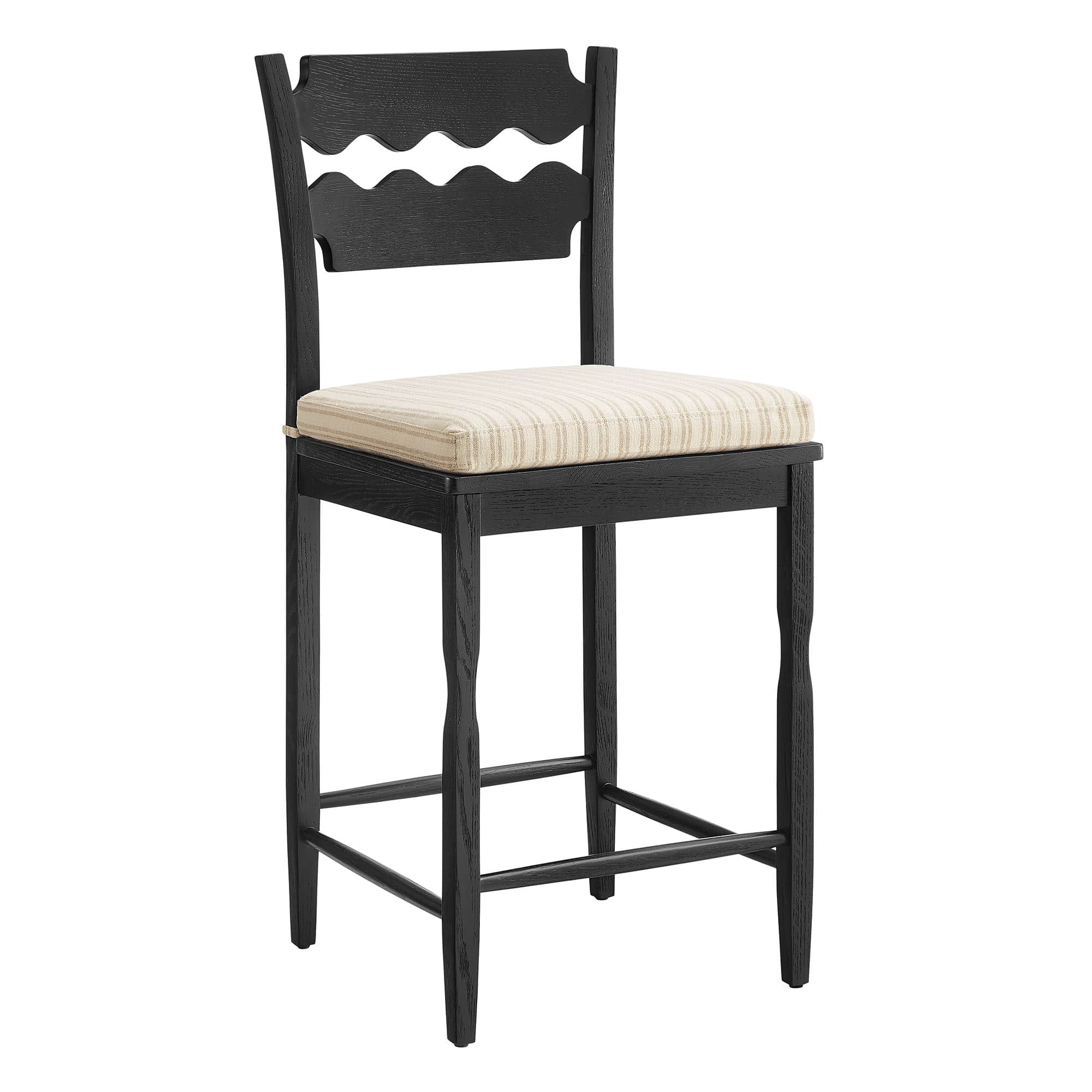  Jax Oak Wood Counter Stool With Wavy Razor Back and Cushion in Black Oatmeal Stripe