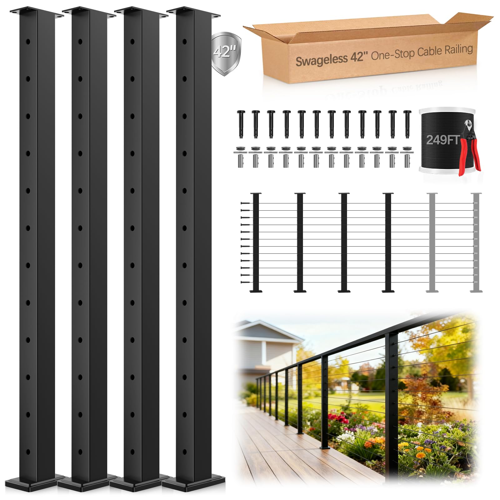 ITOPFOX 4 Pack Swageless One-Stop Cable Railing Post Kits 42 Inch T304 ...