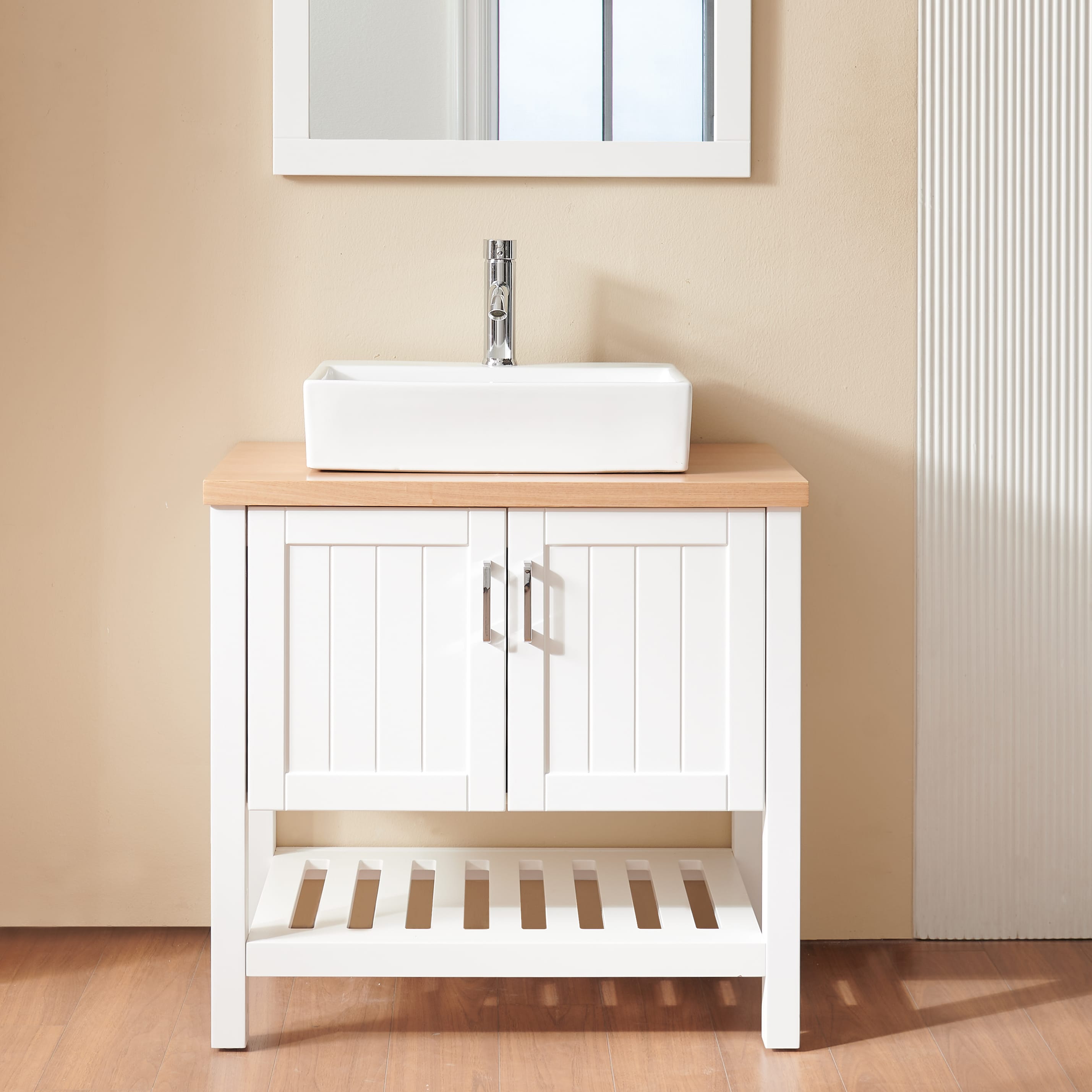 GDFStudio Velmor 32 in. Modern Freestanding Bathroom Vanity with Ceramic Vessel Sink Doors and Open Bottom Shelf - White and Natural Brown