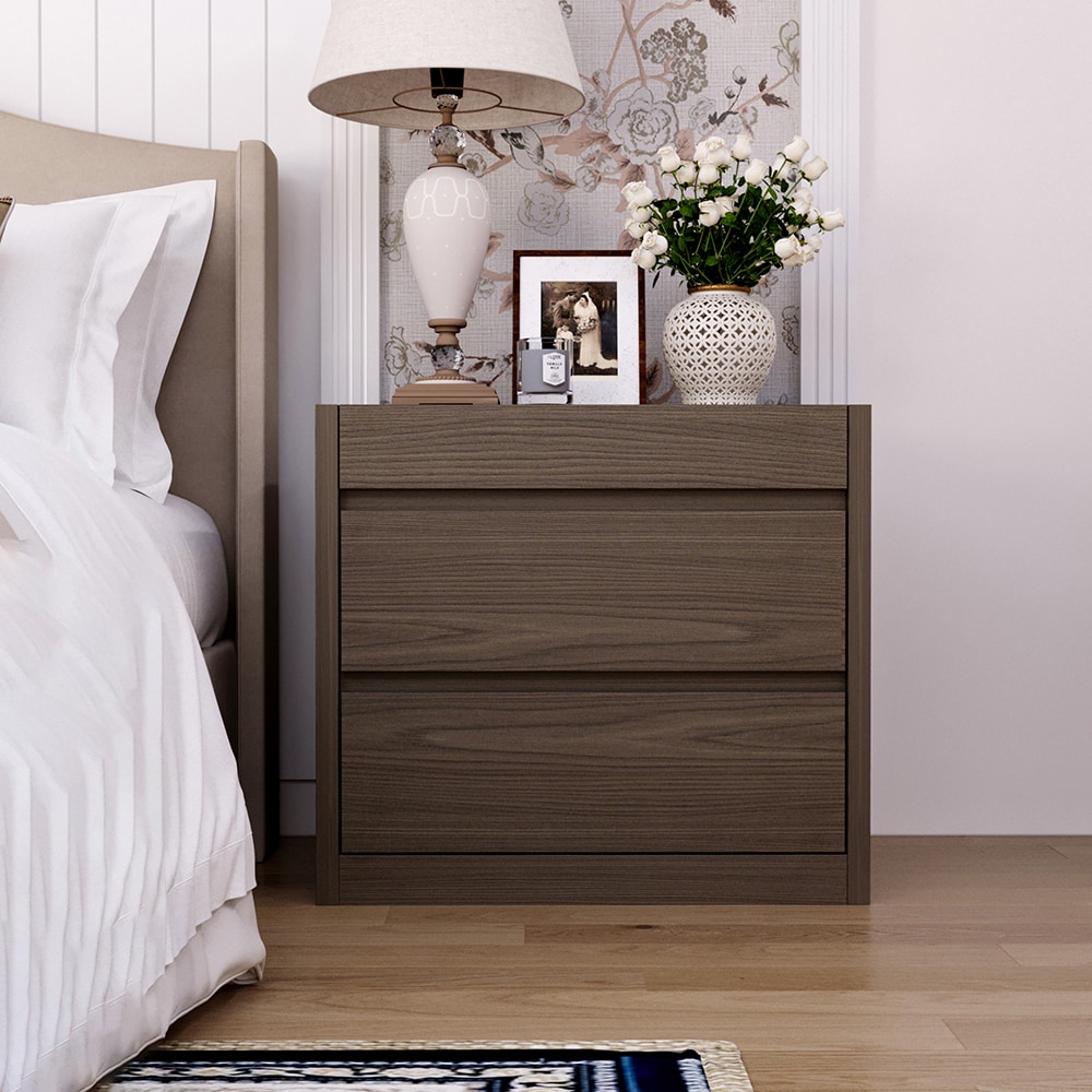 Homsee V-KF260168-02 Walnut Wood Grain 2 Drawer Nightstand with NFC Card Lock Smart Storage Cabinet for Bedroom