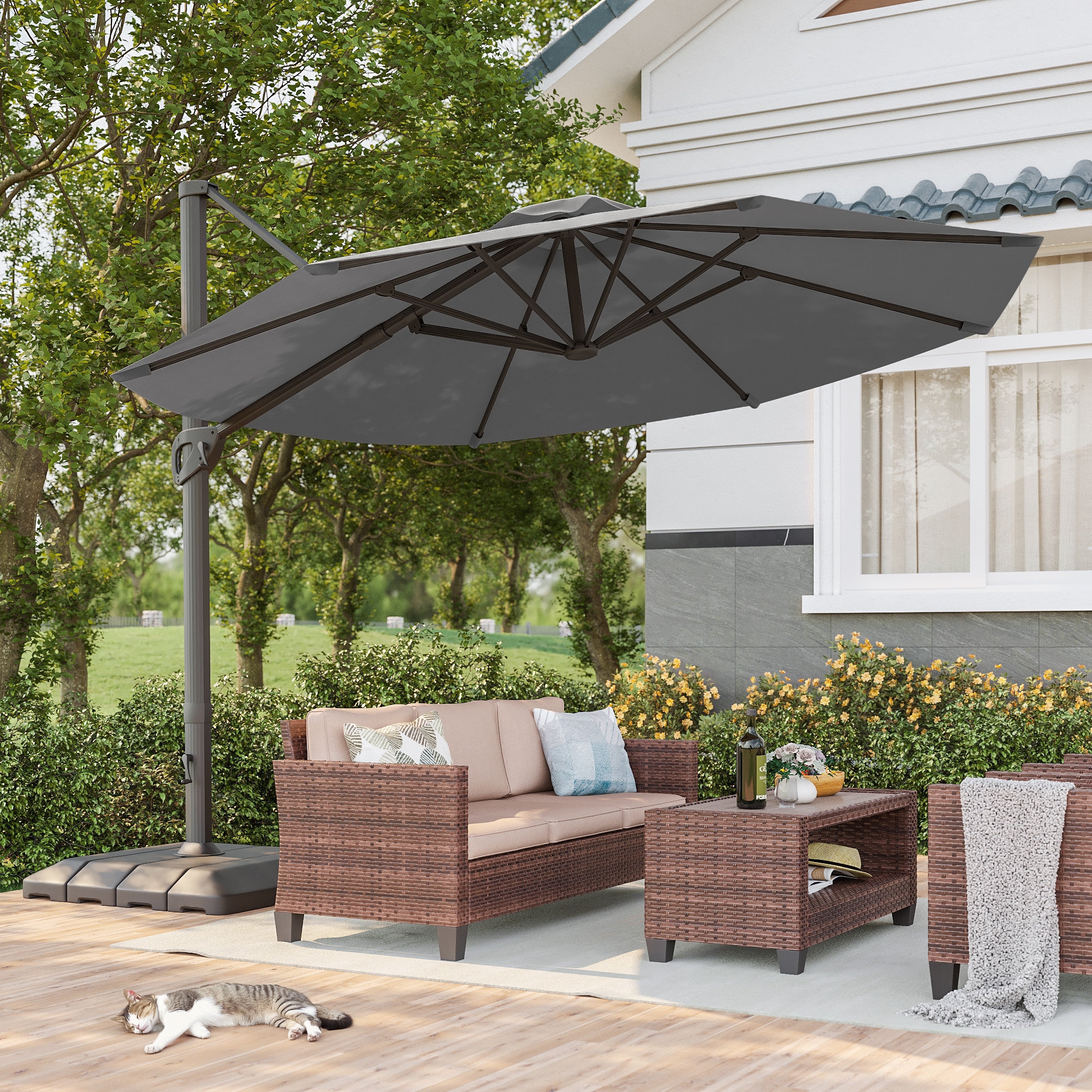 ACEGOSES LW-1159RD-LED-WB 11-ft Aluminum Red No-tilt Cantilever Patio Umbrella with Base