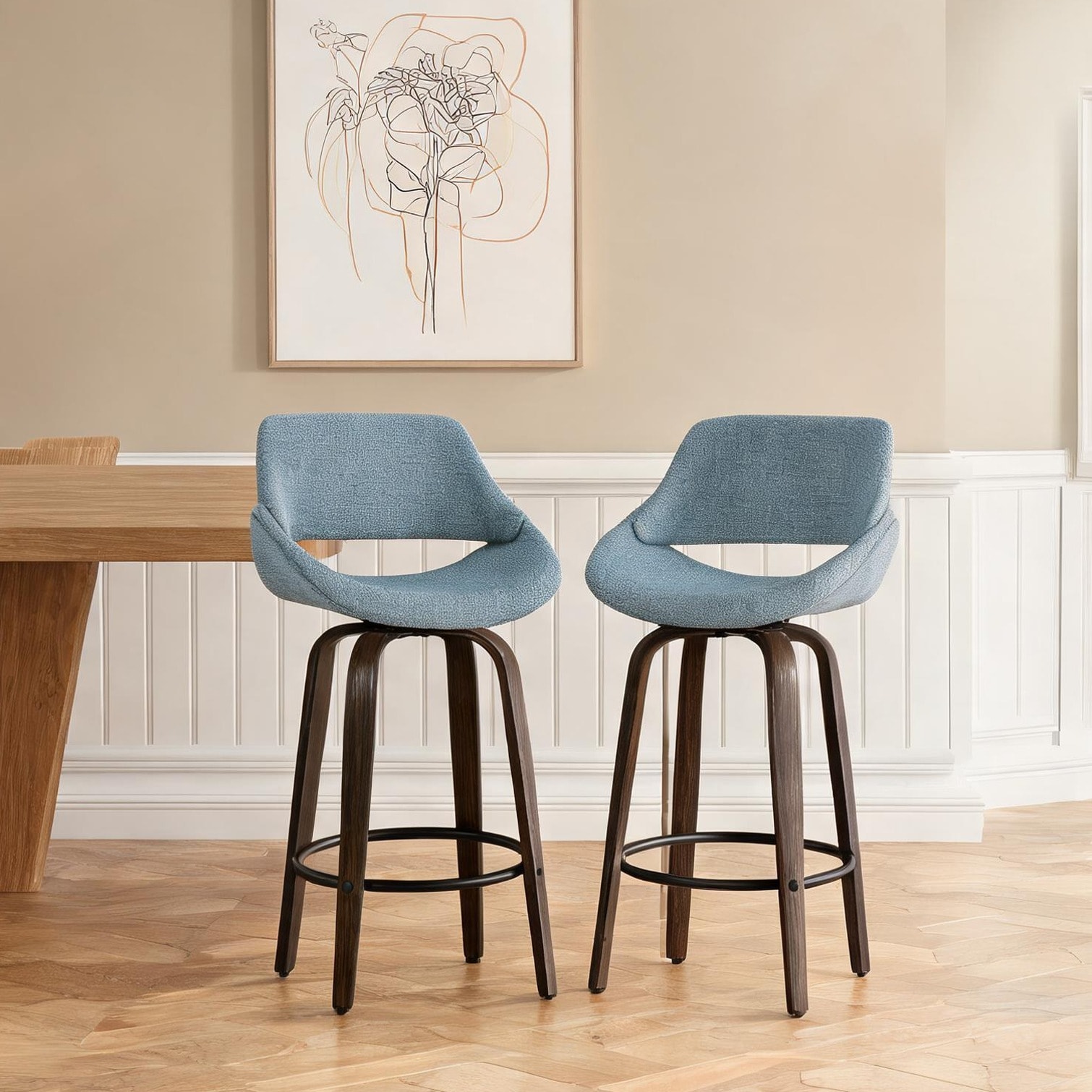 Watnature Counter Stool Set of 2 Mid-Century Modern Blue Fabric ...